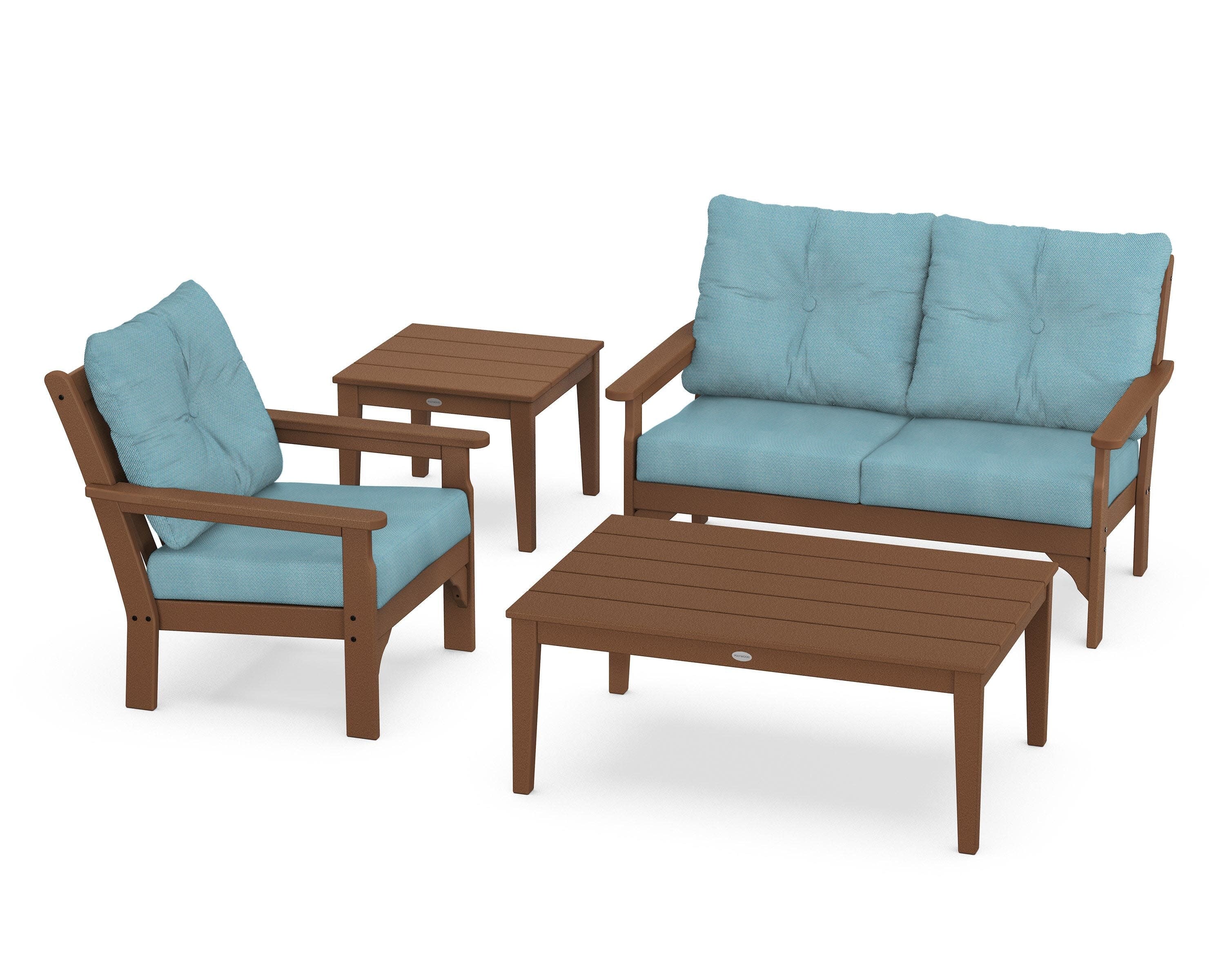 Vineyard 4-Piece Deep Seating Set in Teak / Lattice Sky Blue