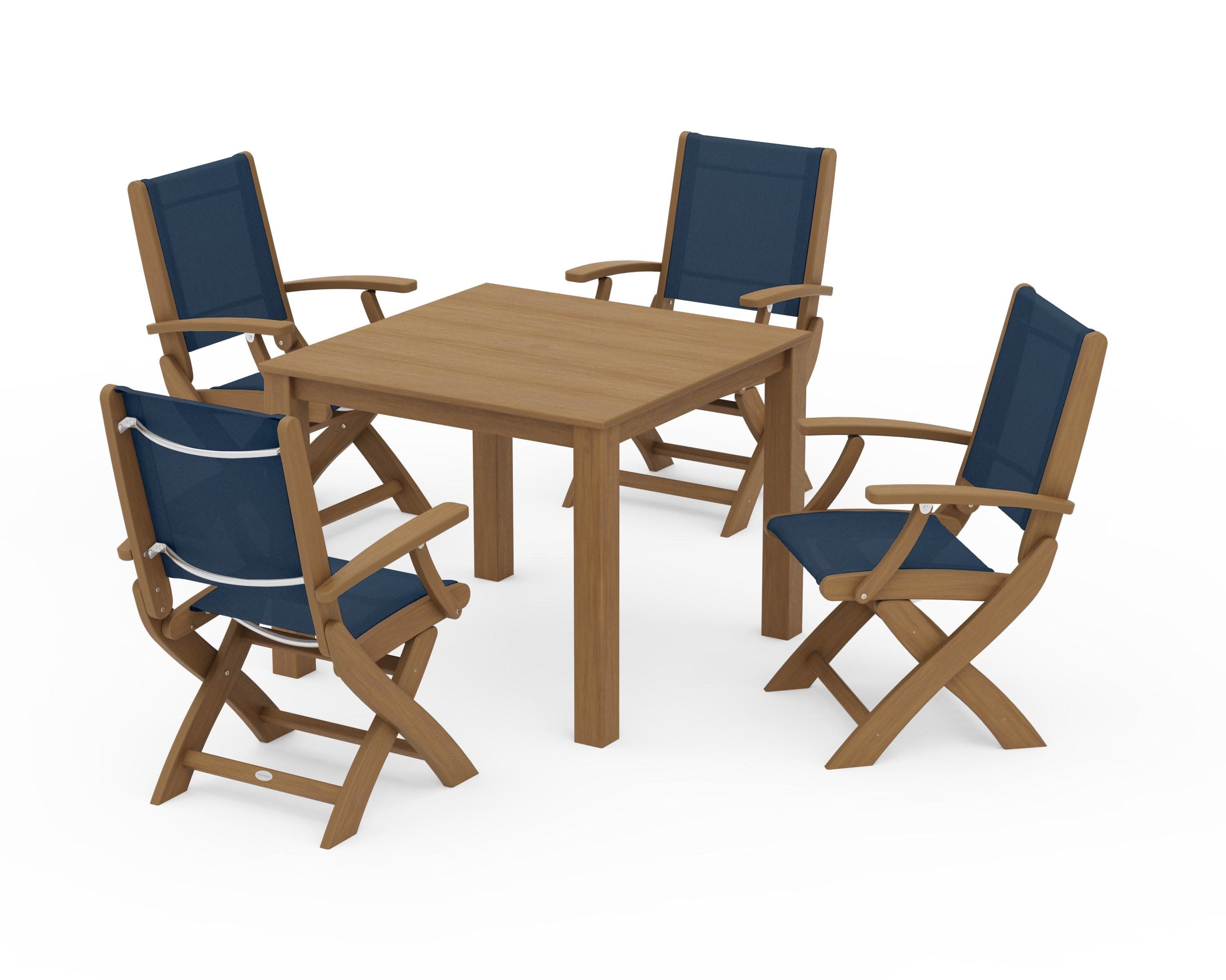 Coastal Folding Chair 5-Piece Parsons Dining Set in Natural / Navy Blue Sling