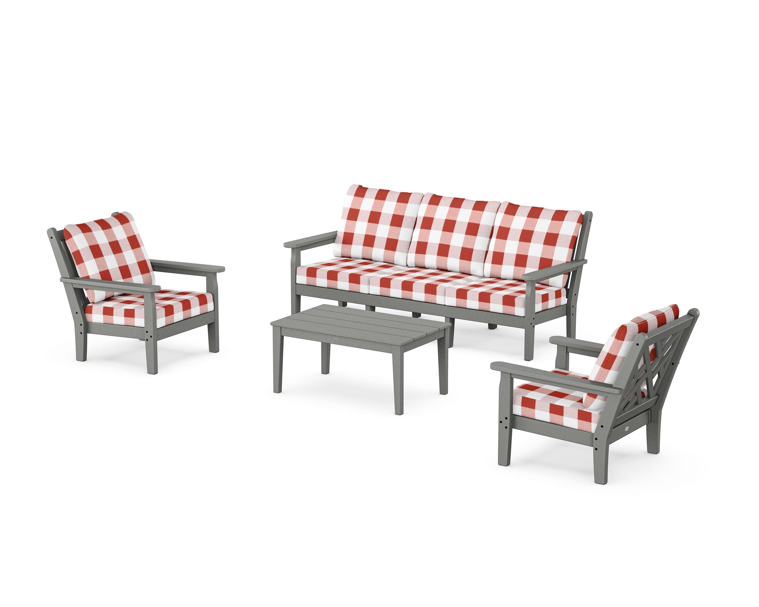 Chippendale 4-Piece Deep Seating Set with Sofa in Slate Grey / Buffalo Plaid Crimson