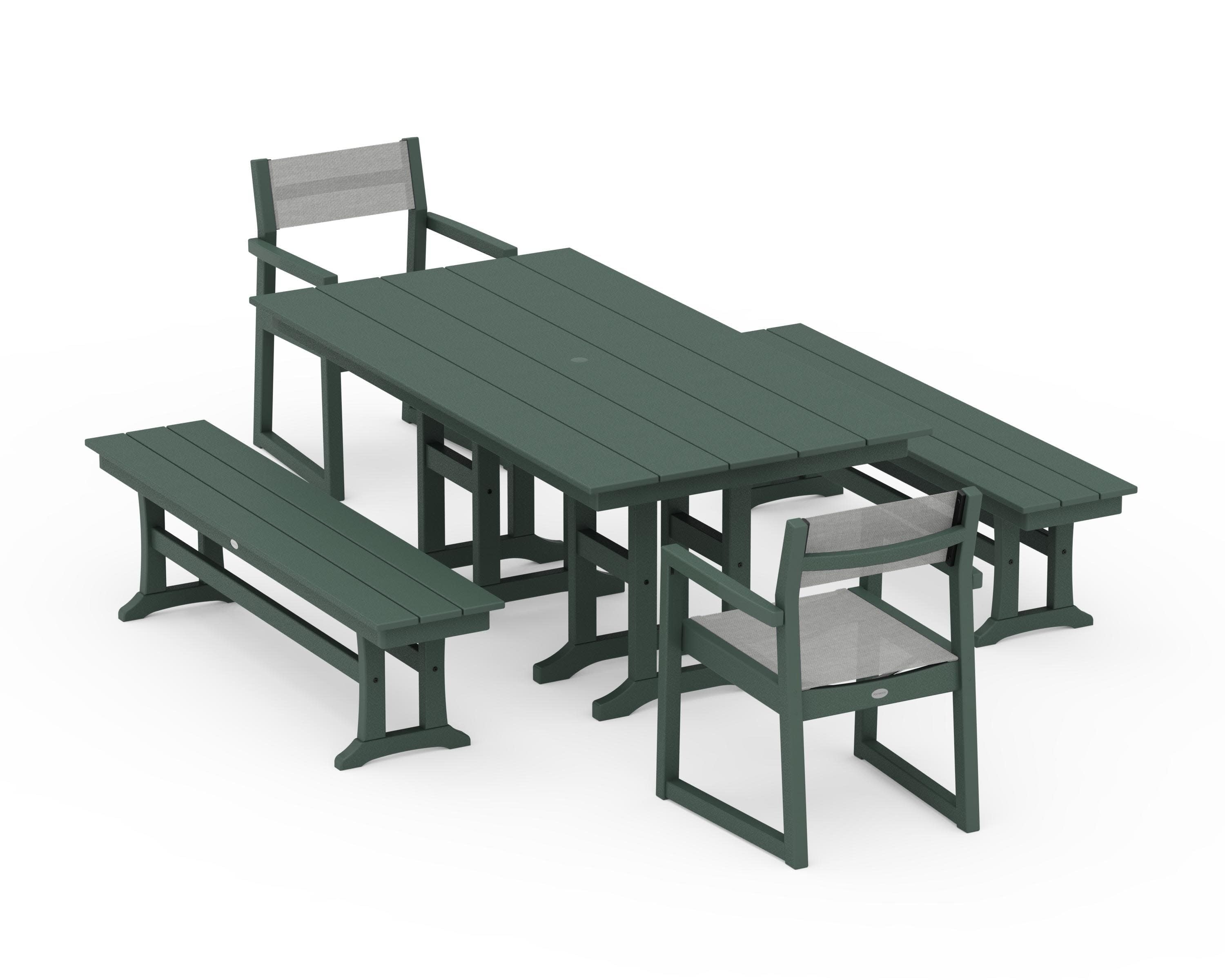 EDGE Sling Arm Chair 5-Piece Farmhouse Dining Set with Benches in Green / Metallic Sling