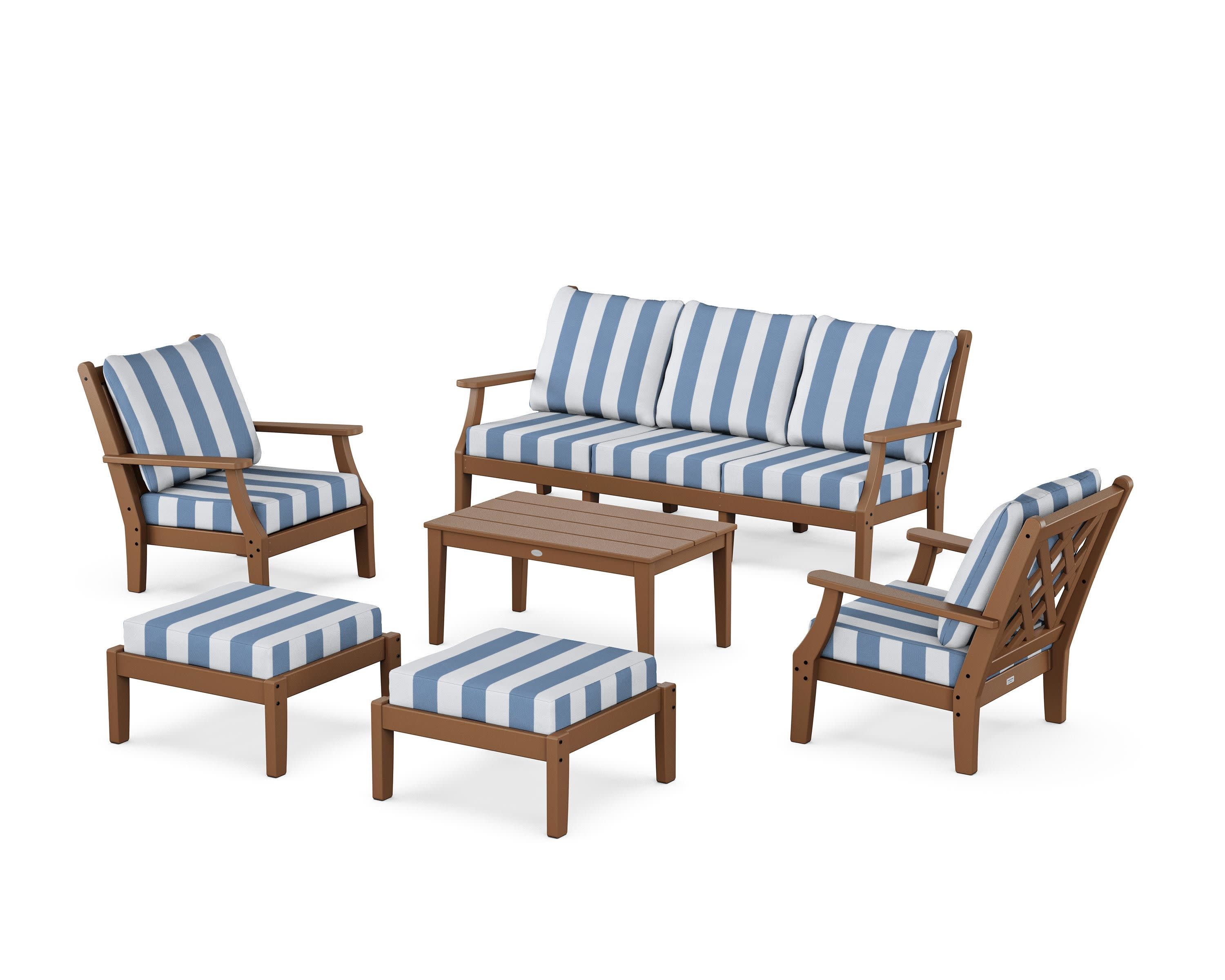 Wovendale 6-Piece Lounge Sofa Set in Teak / Cabana Stripe Sky Blue