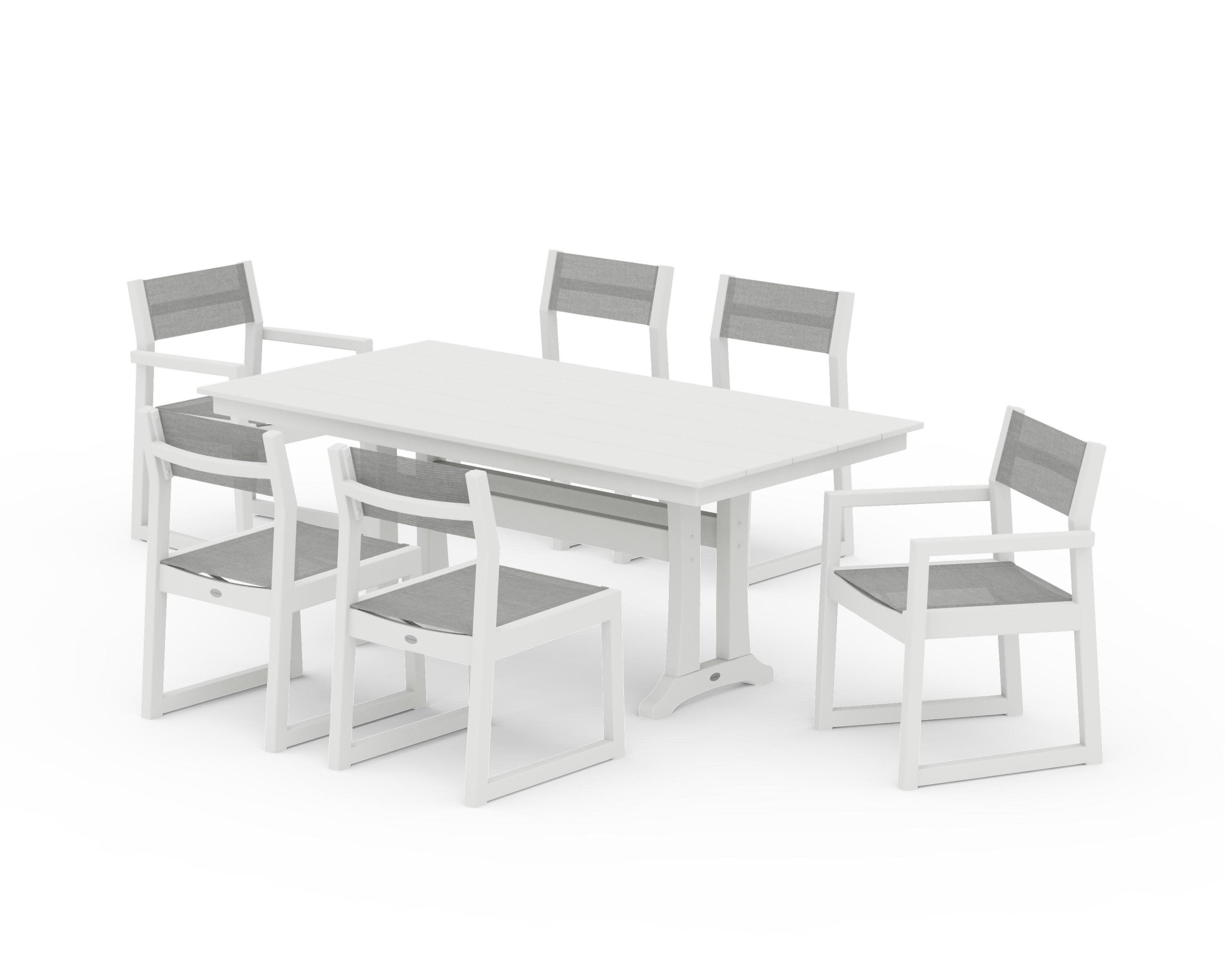 EDGE Sling 7-Piece Farmhouse Trestle Dining Set in Vintage White / Metallic Sling
