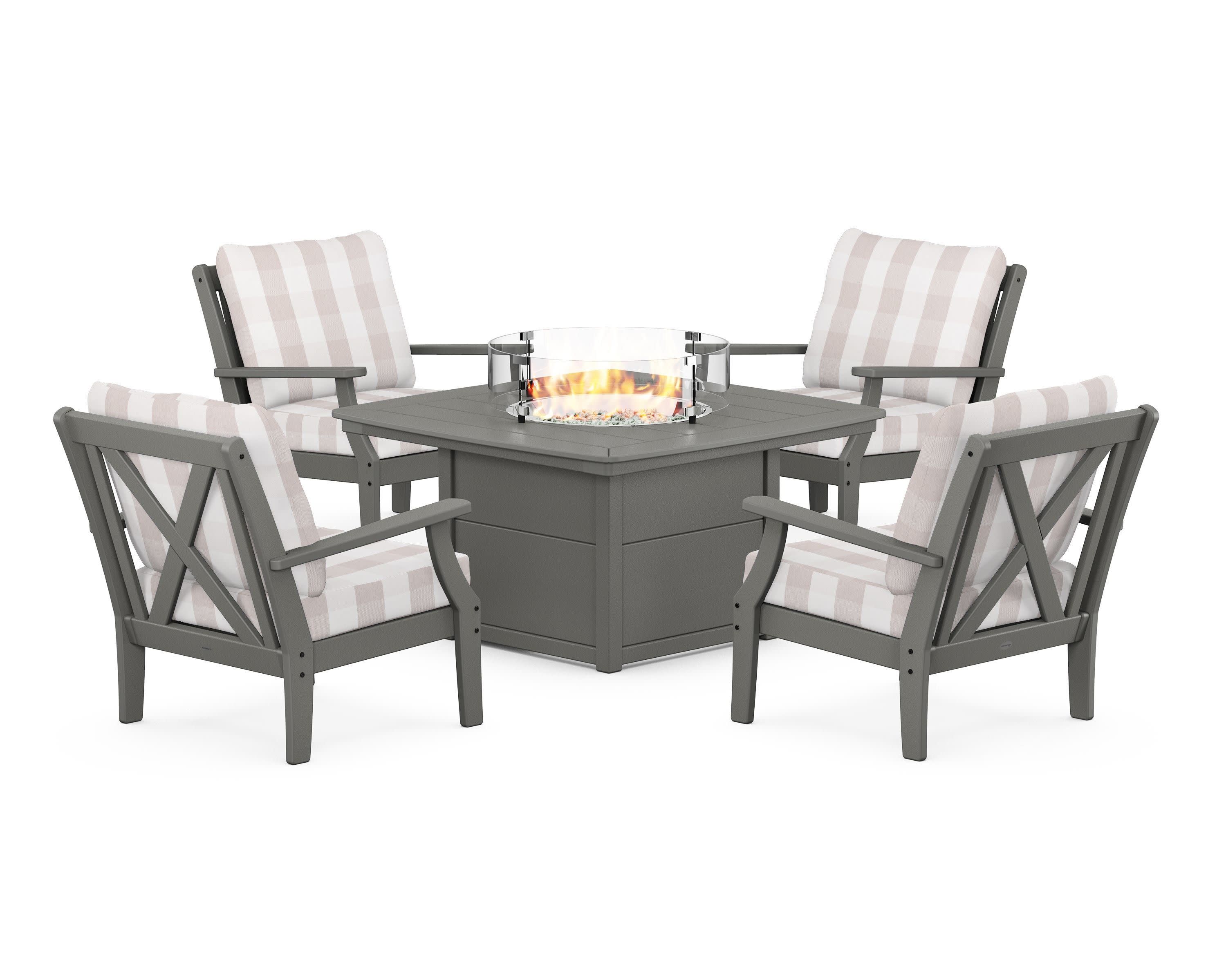 Braxton 5-Piece Deep Seating Conversation Set with Fire Pit Table in Slate Grey / Buffalo Plaid Dune Burlap