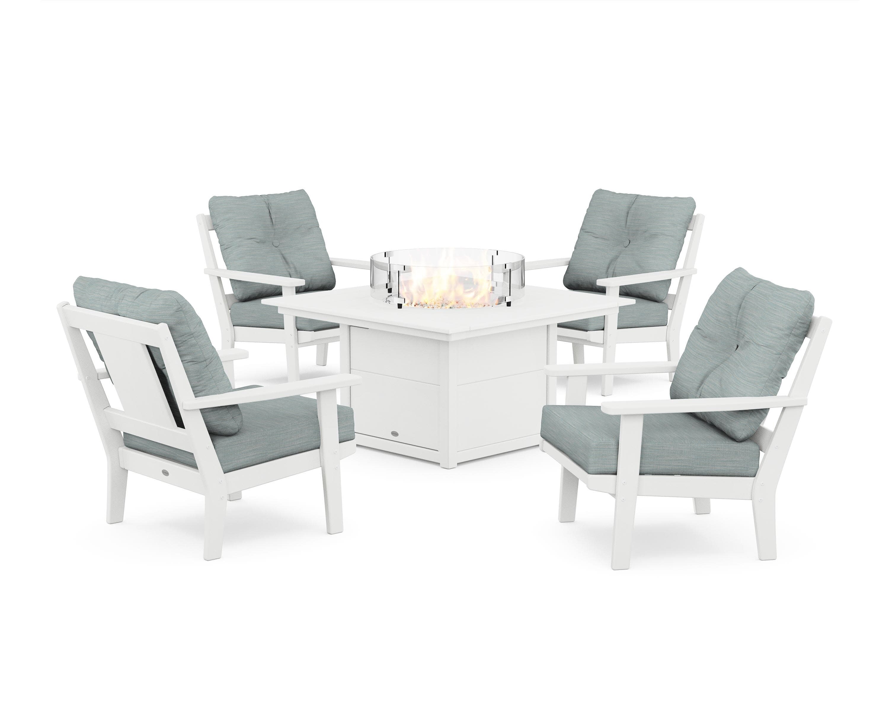 Prairie 5-Piece Deep Seating Set with Fire Pit Table in White / Soothe Mist