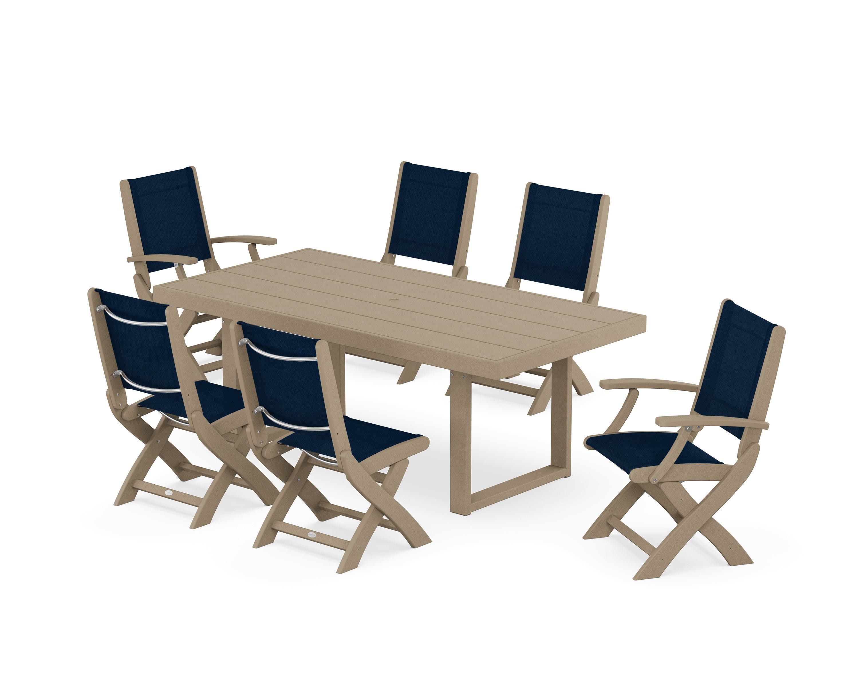 Coastal Folding Chair 7-Piece Dining Set with Trestle Legs in Vintage Sahara / Navy Blue Sling
