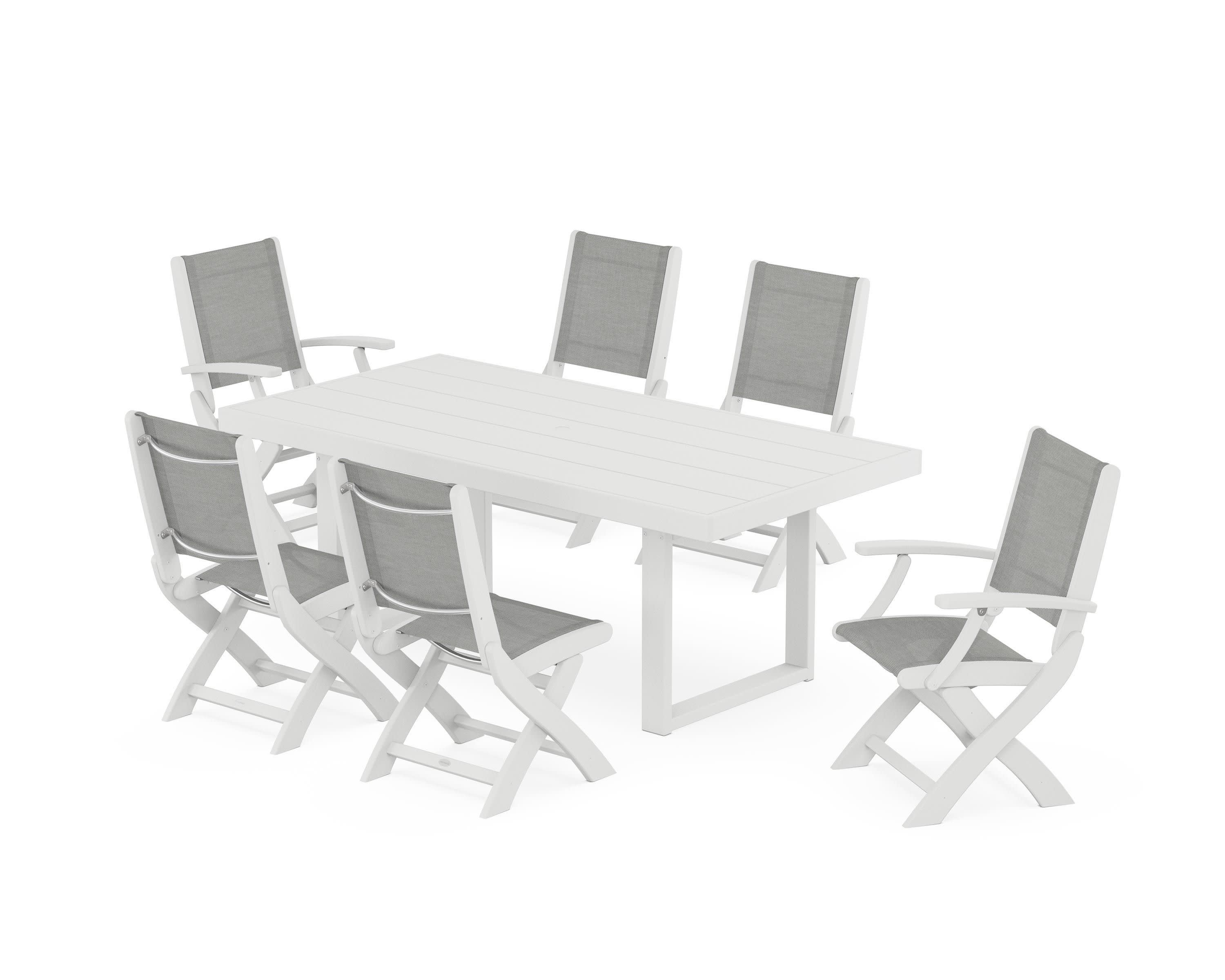 Coastal Folding Chair 7-Piece Dining Set with Trestle Legs in White / Metallic Sling