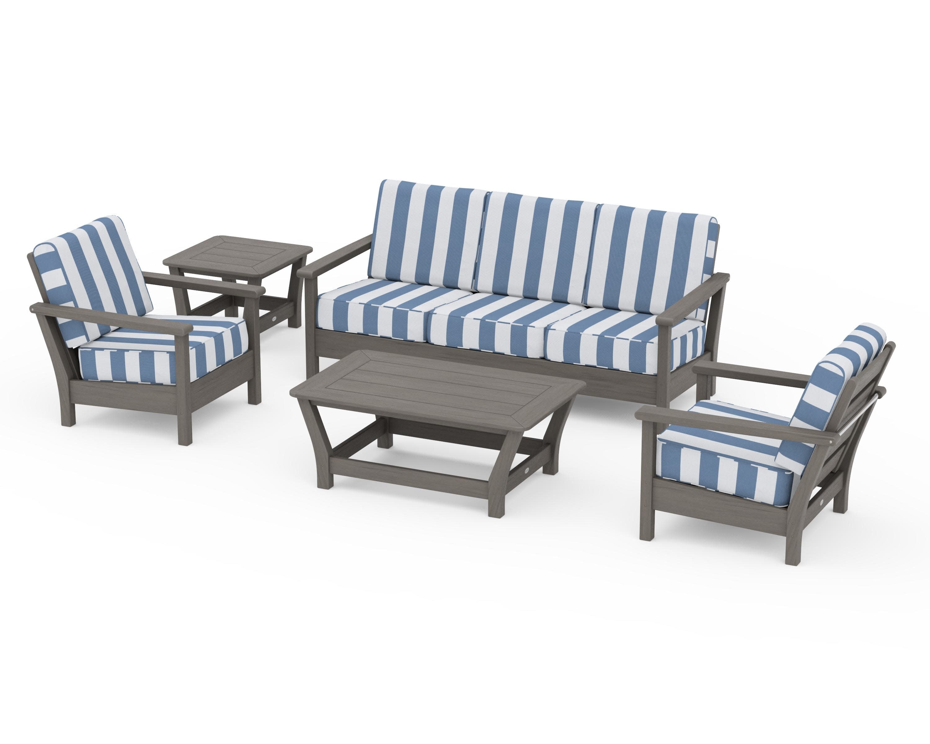 Harbour 5-Piece Deep Seating Set in Driftwood / Cabana Stripe Sky Blue