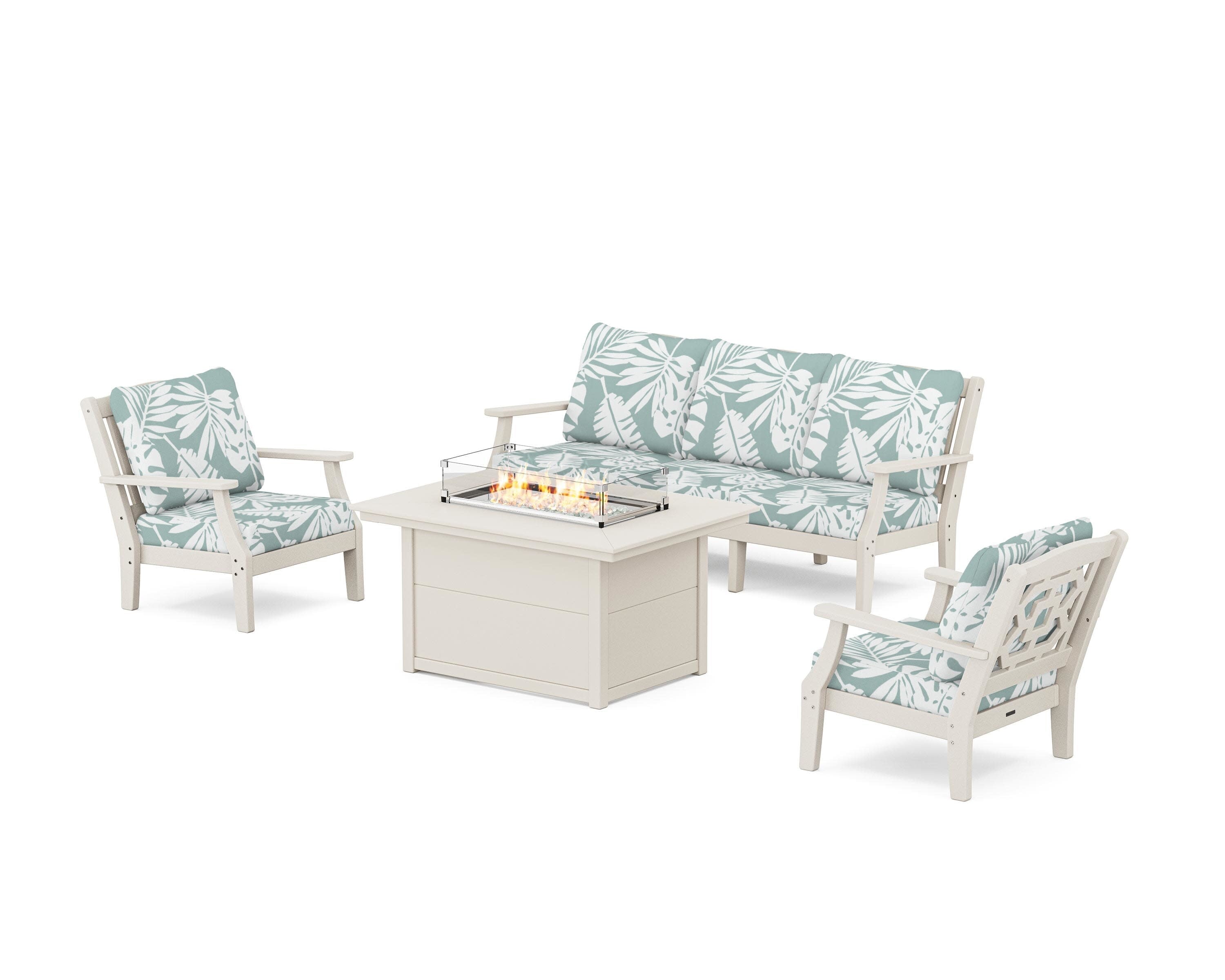 Chinoiserie Deep Seating Fire Pit Table Set in Sand / Leaf Glacier Spa