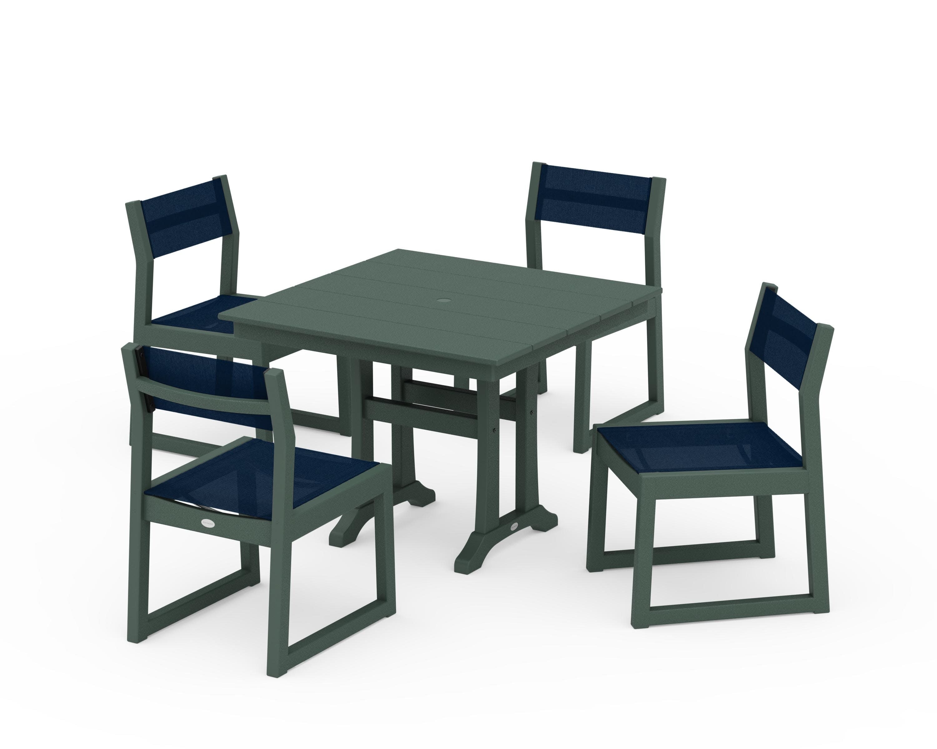 EDGE Sling 5-Piece Farmhouse Trestle Side Chair Dining Set in Green / Navy Blue Sling