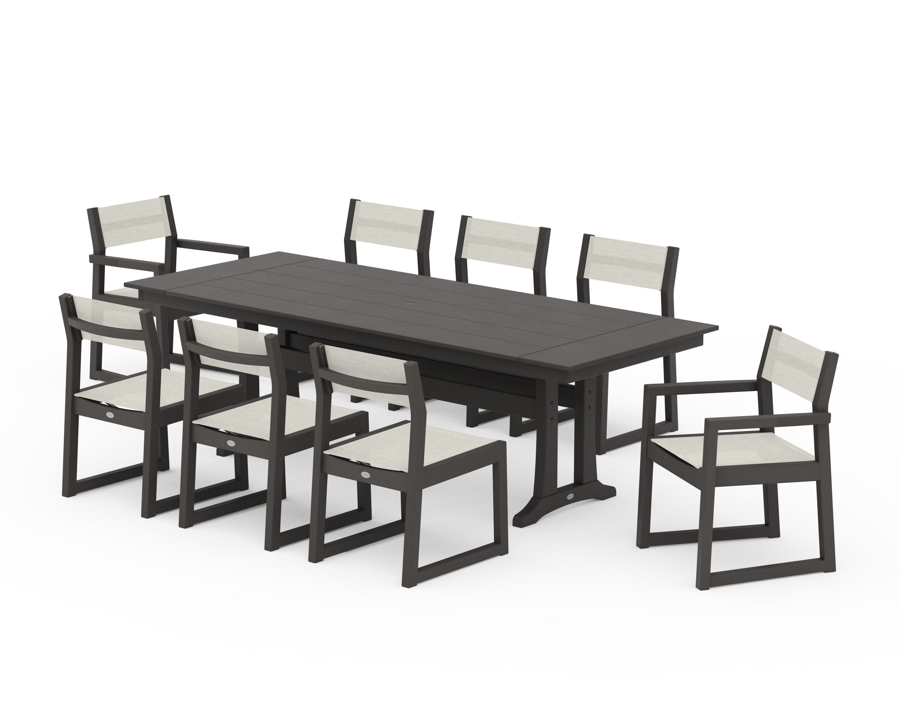 EDGE Sling 9-Piece Farmhouse Trestle Dining Set in Vintage Coffee / Parchment Sling