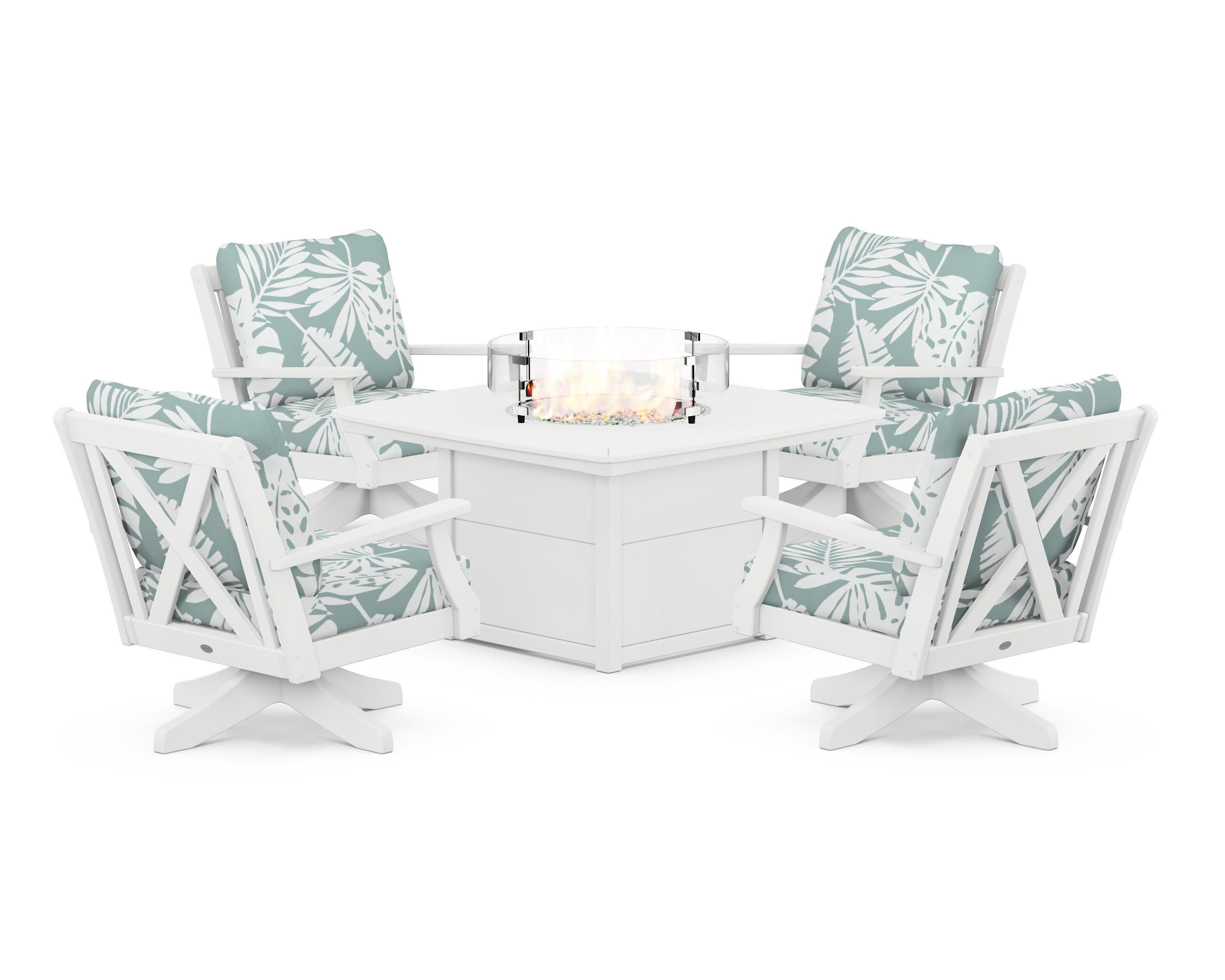 Braxton 5-Piece Deep Seating Swivel Conversation Set with Fire Pit Table in White / Leaf Glacier Spa