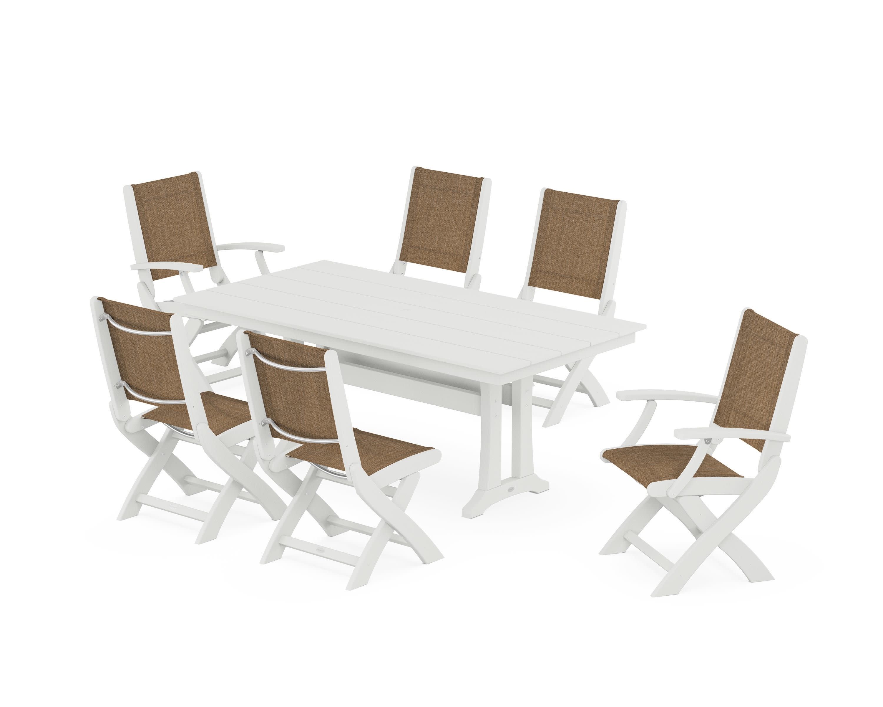 Coastal Folding Chair 7-Piece Farmhouse Dining Set with Trestle Legs in Vintage White / Burlap Sling