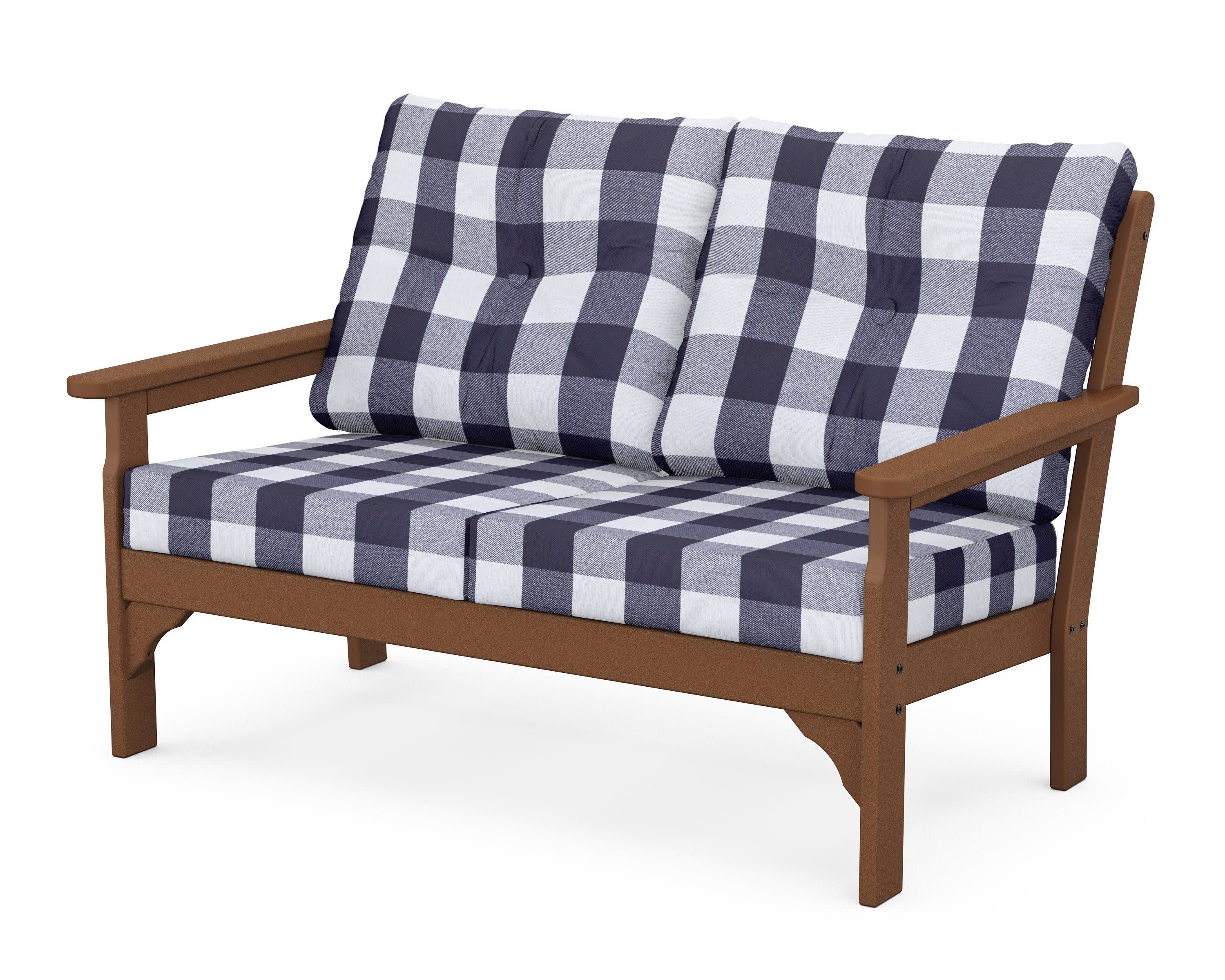 Vineyard Deep Seating Loveseat in Teak / Buffalo Plaid Navy