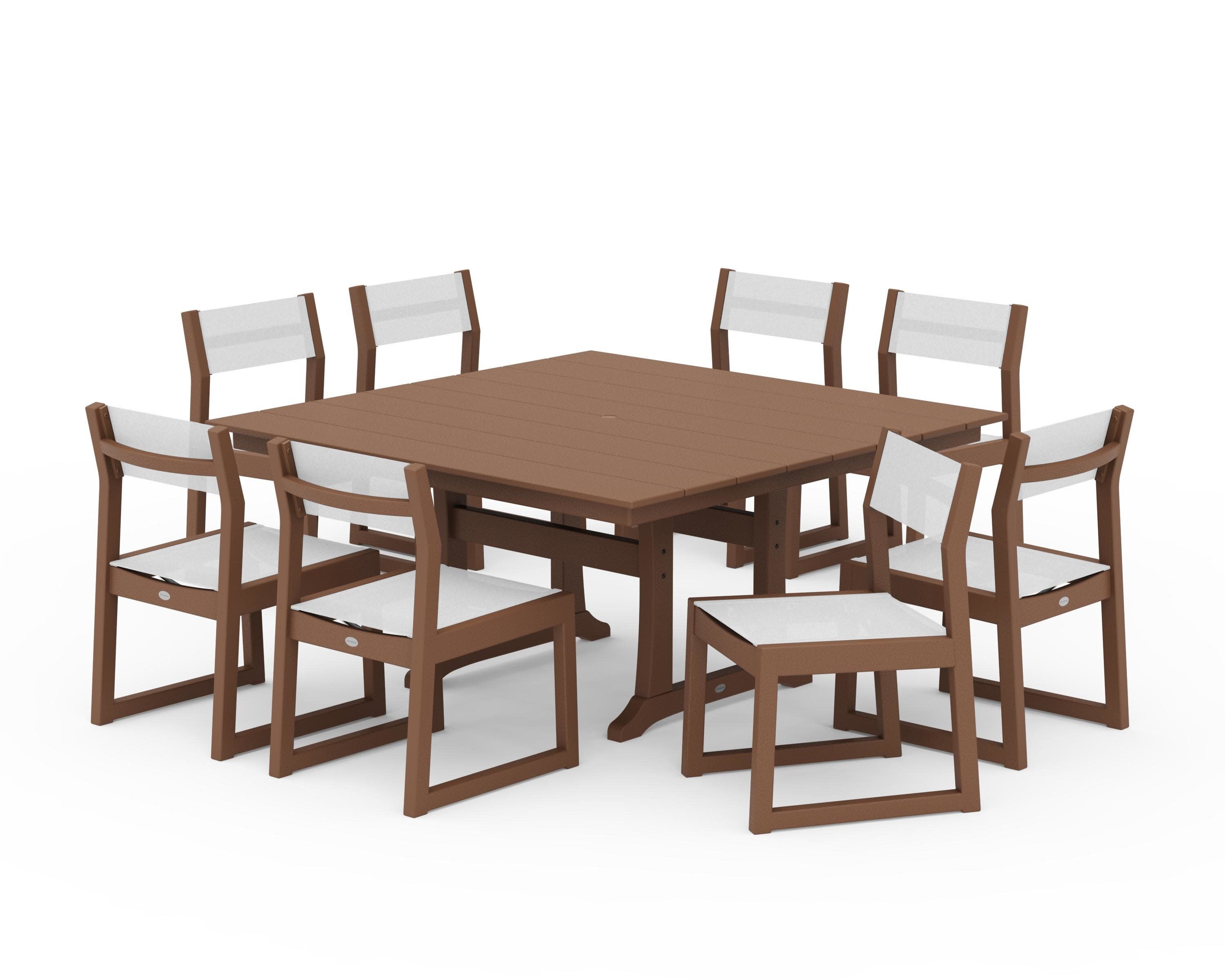 EDGE Sling Side Chair 9-Piece Farmhouse Trestle Dining Set in Teak / White Sling