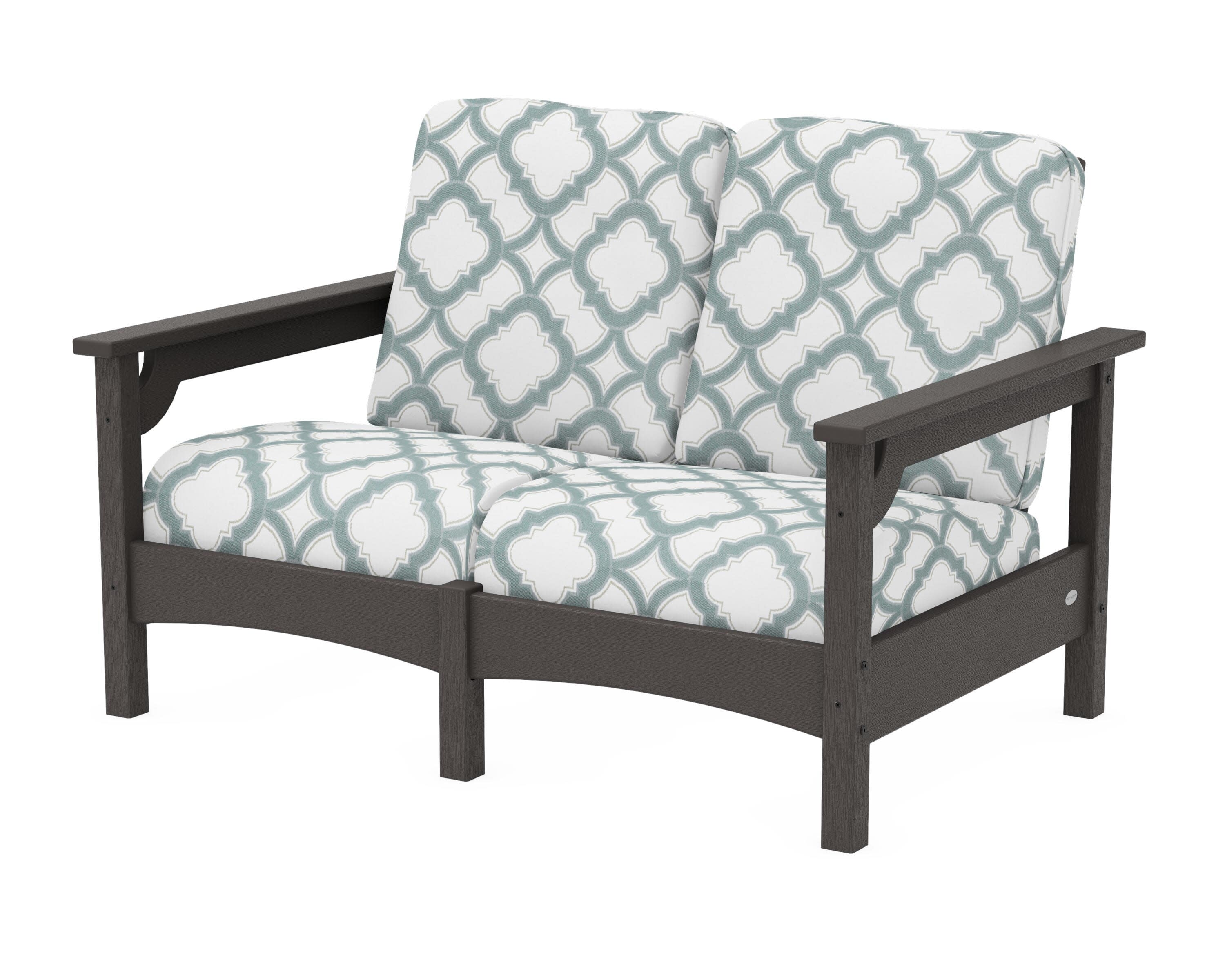 Club Loveseat in Vintage Coffee / Trellis Glacier Spa