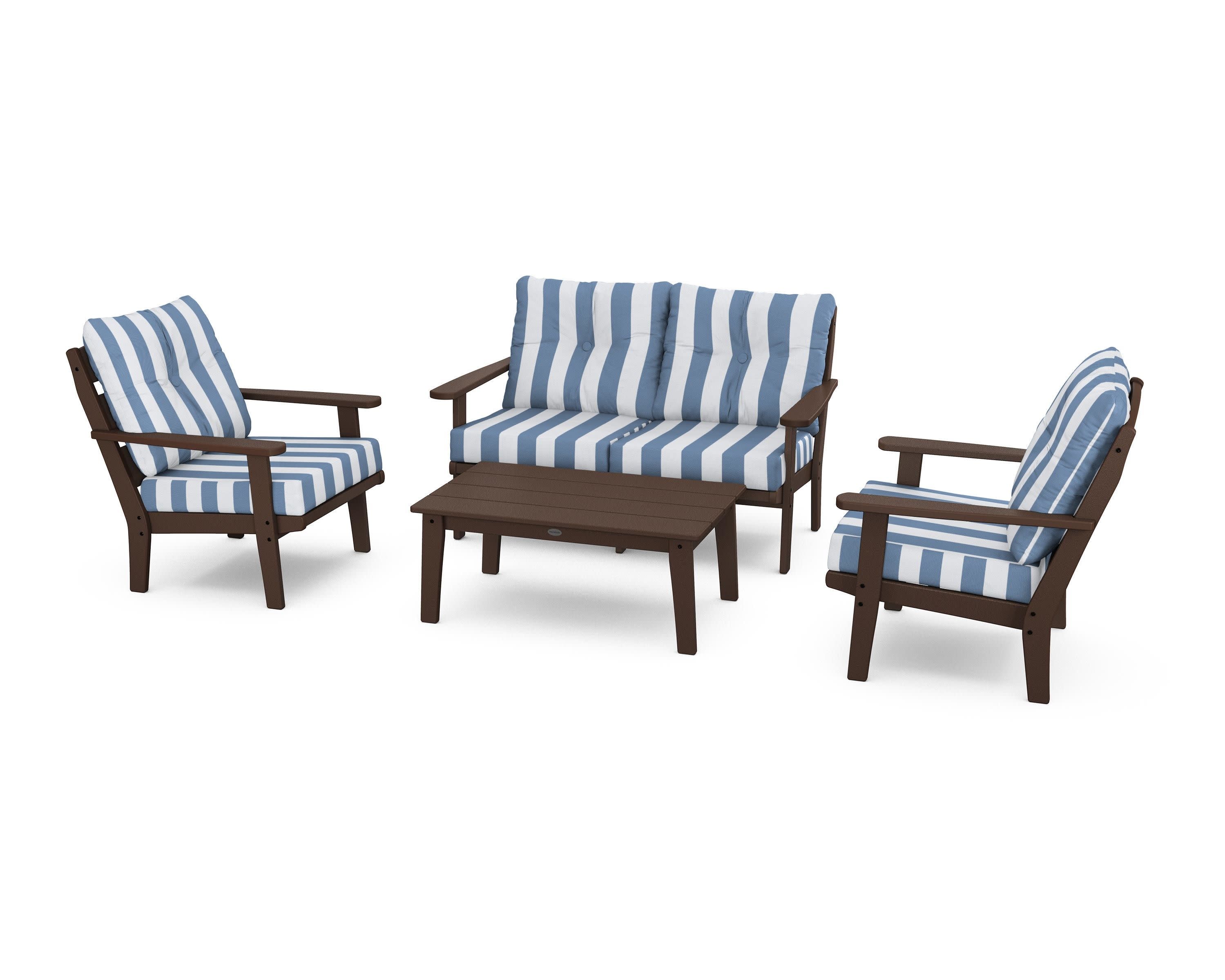 Lakeside 4-Piece Deep Seating Set in Mahogany / Cabana Stripe Sky Blue