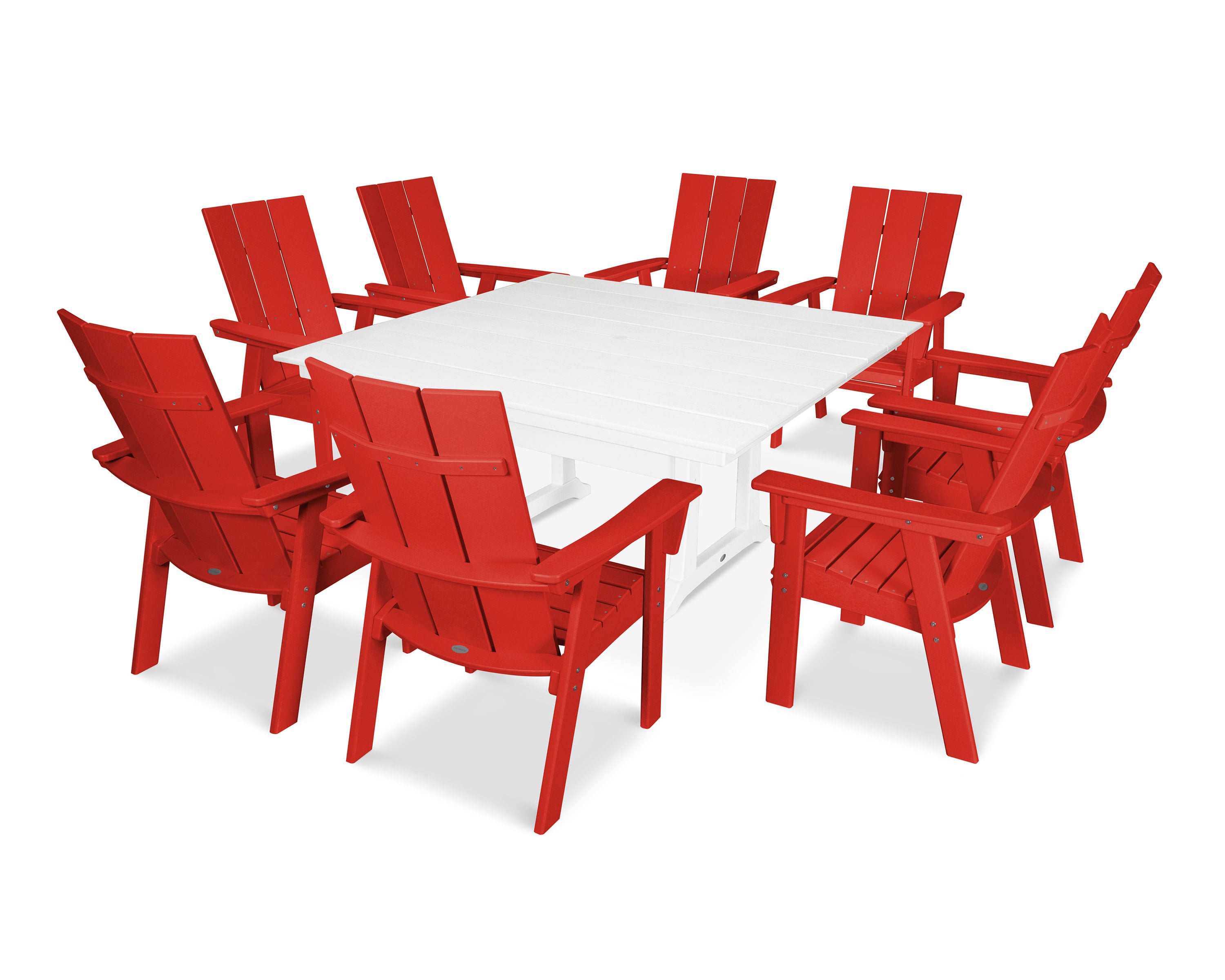 Modern Curveback Adirondack 9-Piece Farmhouse Trestle Dining Set in Sunset Red / White