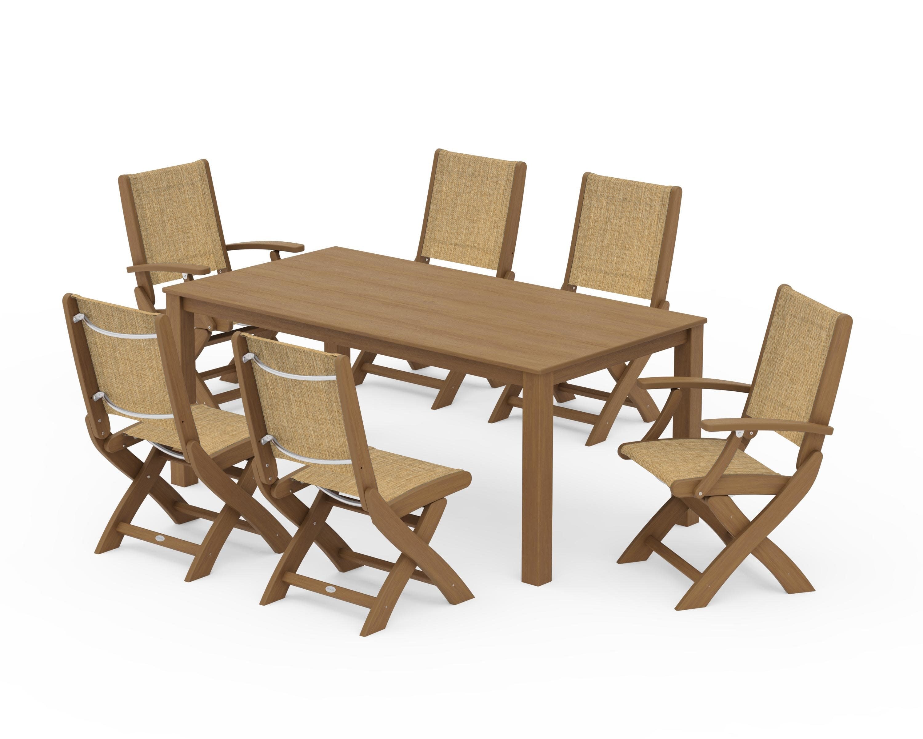 Coastal Folding Chair 7-Piece Parsons Dining Set in Natural / Burlap Sling