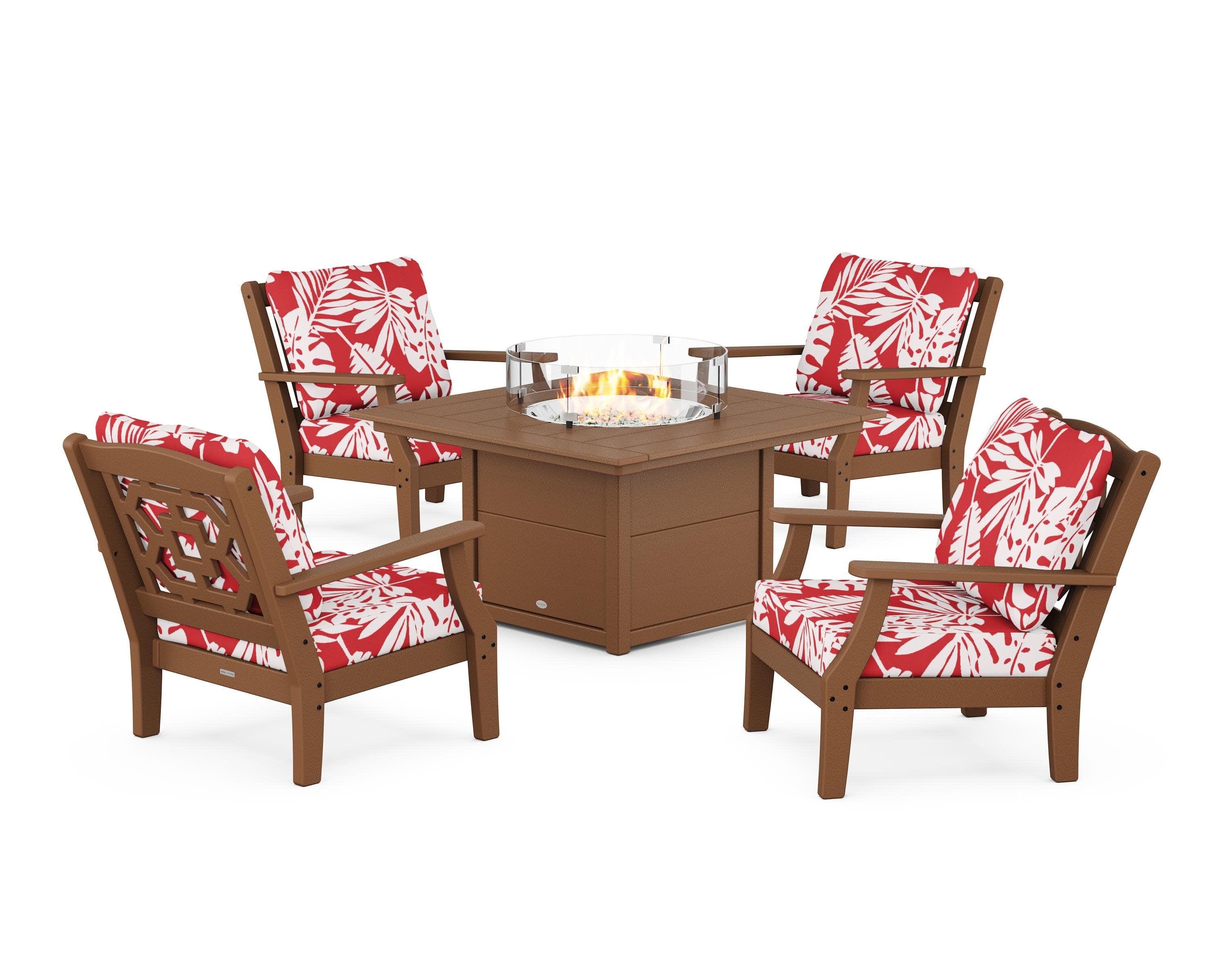 Chinoiserie 5-Piece Deep Seating Set with Fire Pit Table in Teak / Leaf Crimson