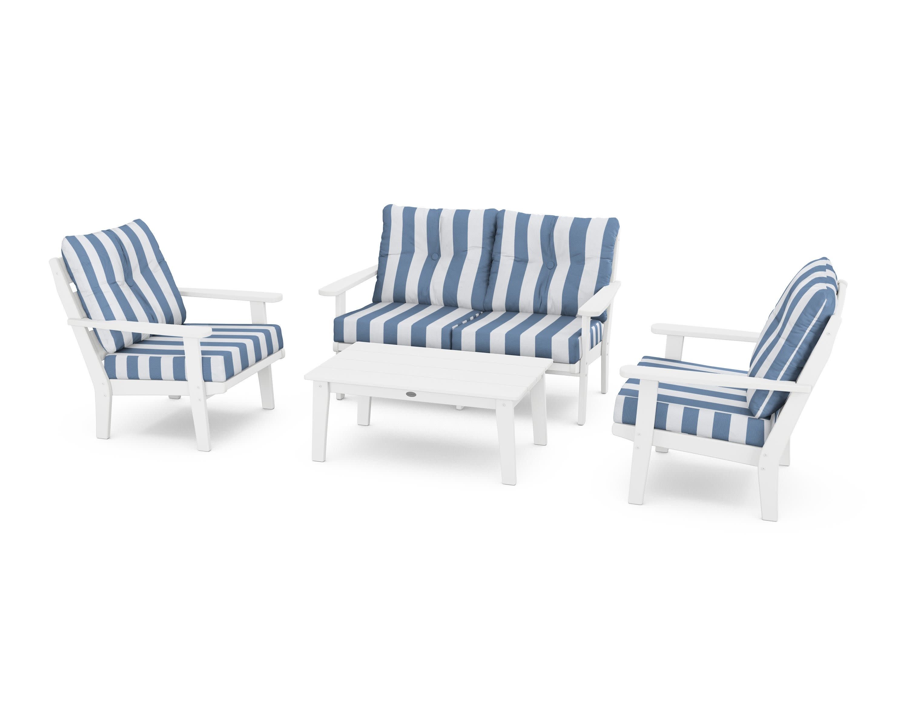 Lakeside 4-Piece Deep Seating Set in White / Cabana Stripe Sky Blue