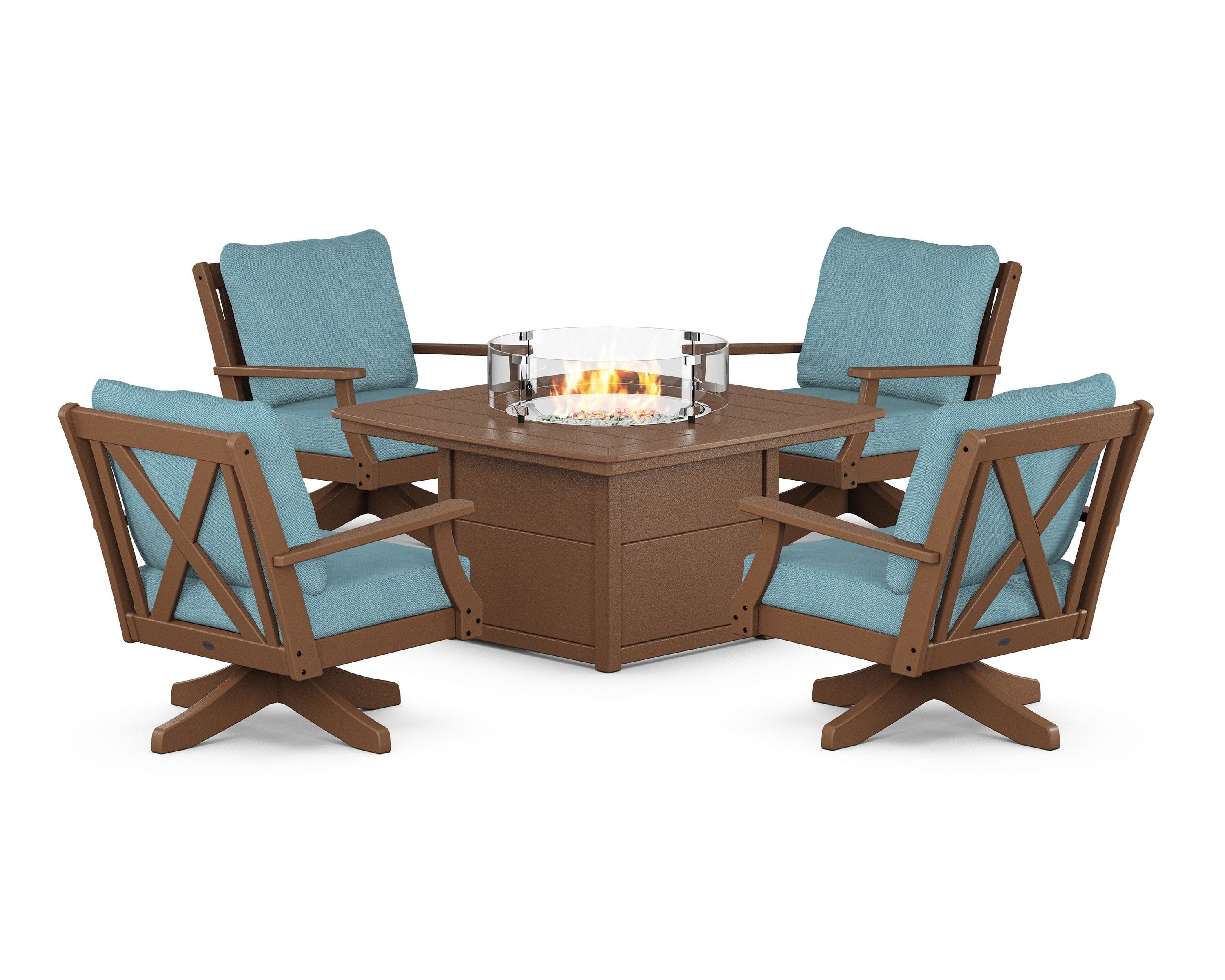 Braxton 5-Piece Deep Seating Swivel Conversation Set with Fire Pit Table in Teak / Lattice Sky Blue