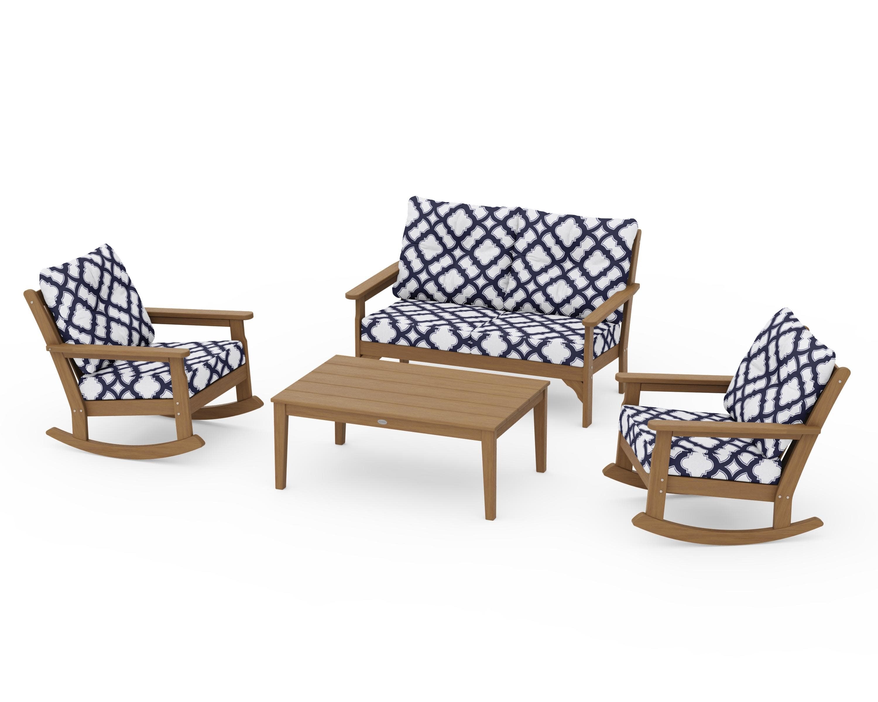 Vineyard 4-Piece Deep Seating Rocking Chair Set in Natural / Trellis Navy