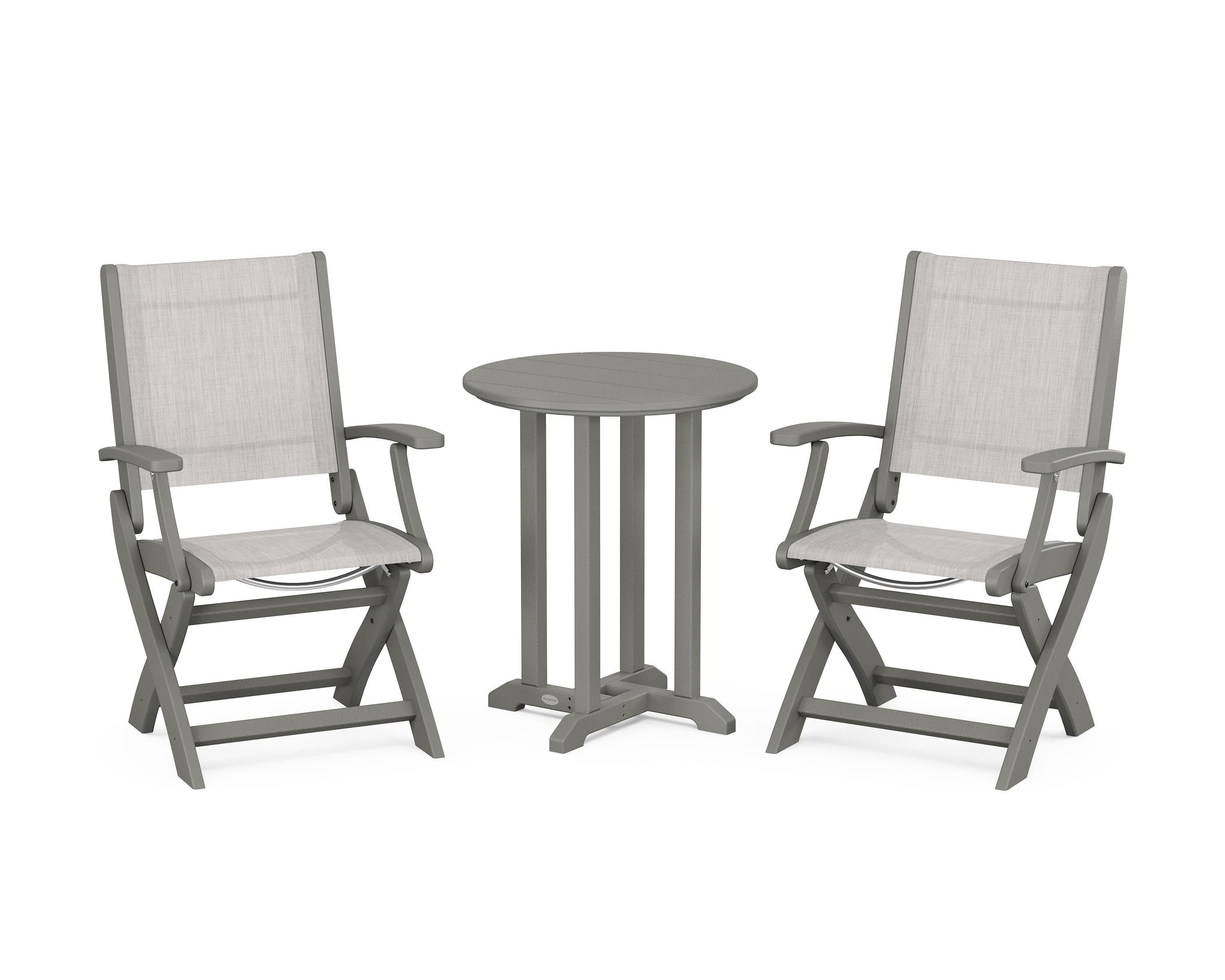 Coastal Folding 3-Piece Round Bistro Dining Set in Slate Grey / Parchment Sling