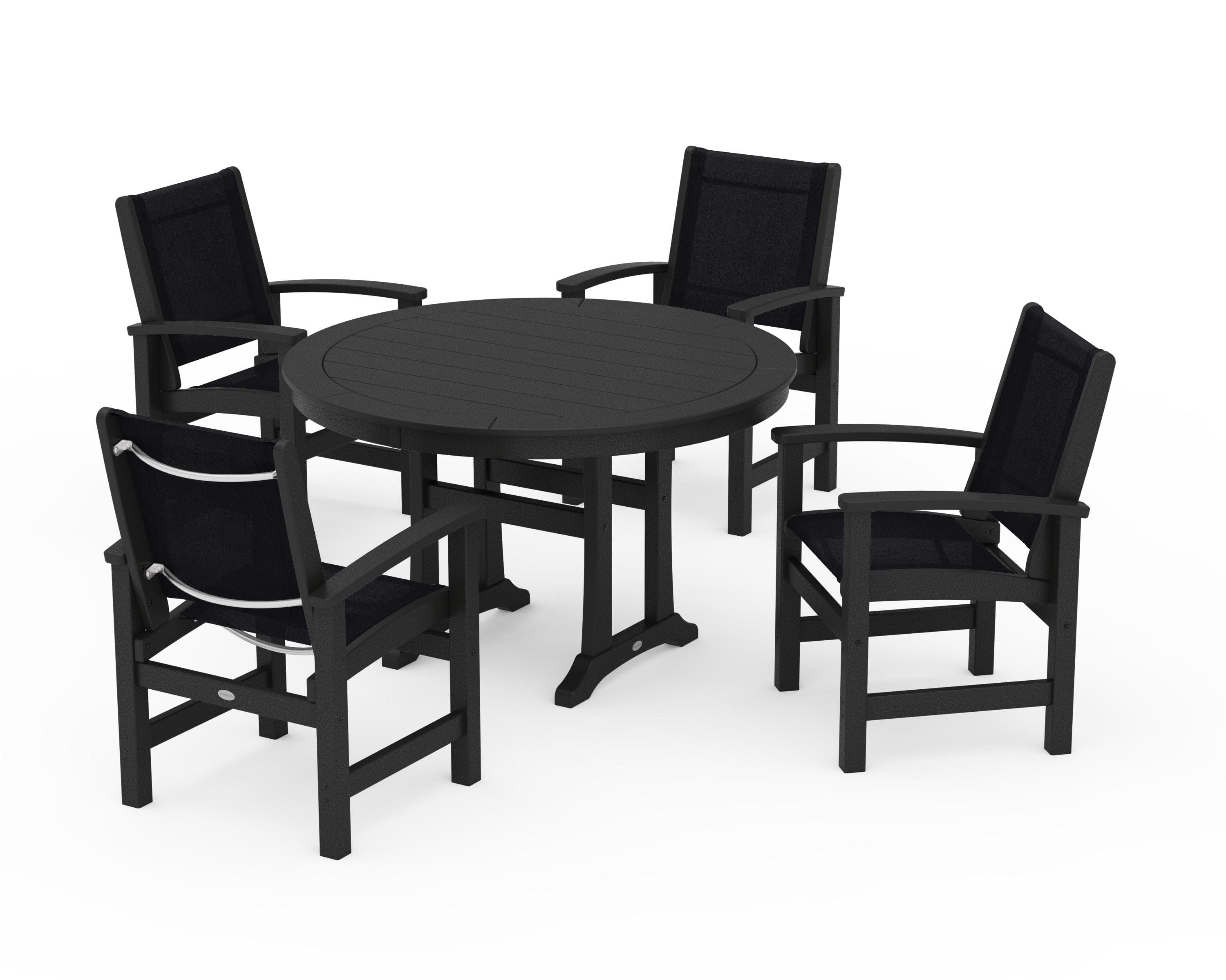 Coastal 5-Piece Round Dining Set with Trestle Legs in Black / Black Sling