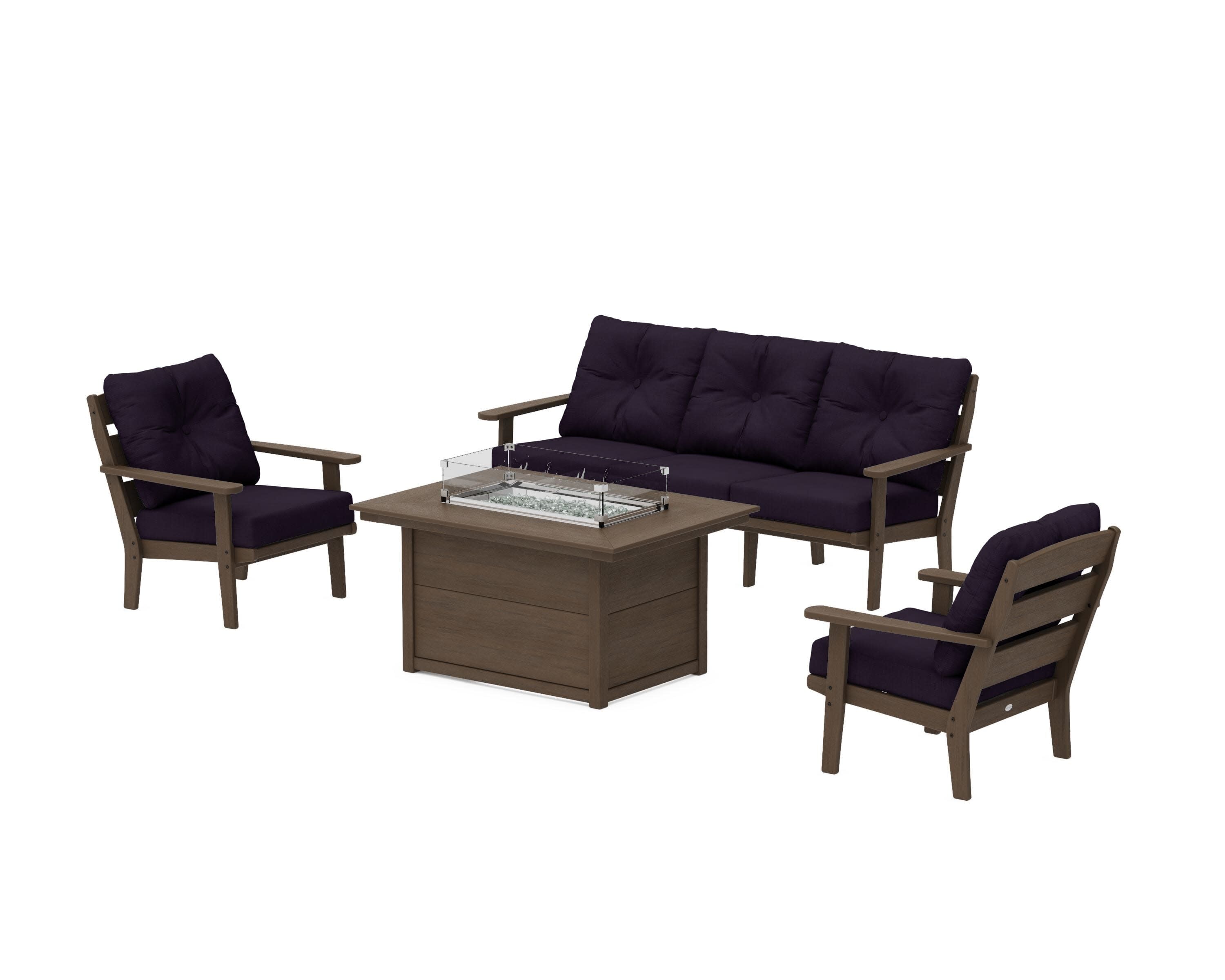 Lakeside Deep Seating Fire Pit Table Set in Kona / Navy Linen