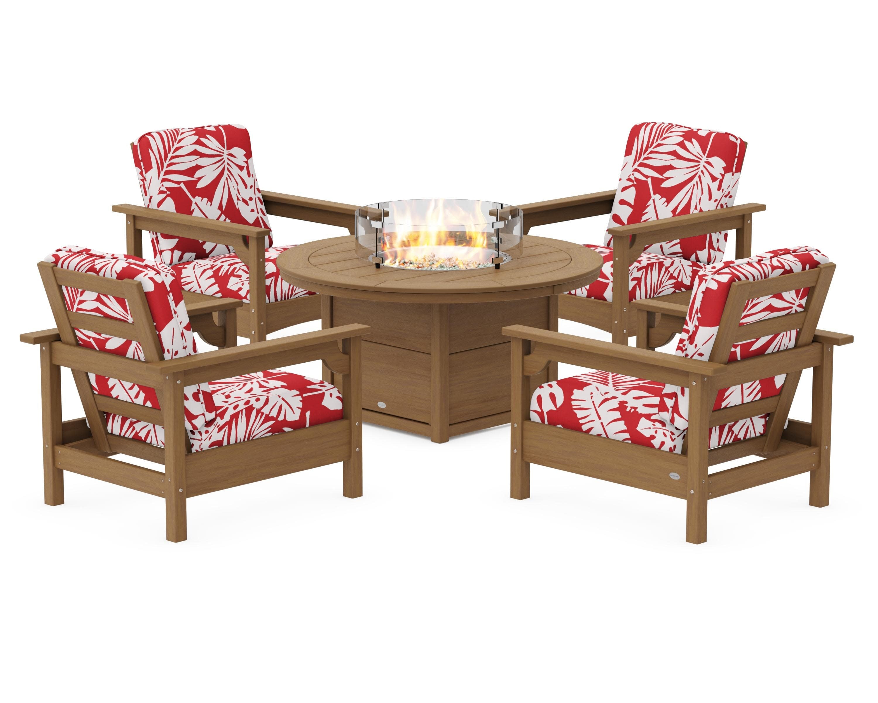 Club 5-Piece Conversation Set with Fire Pit Table in Natural / Leaf Crimson