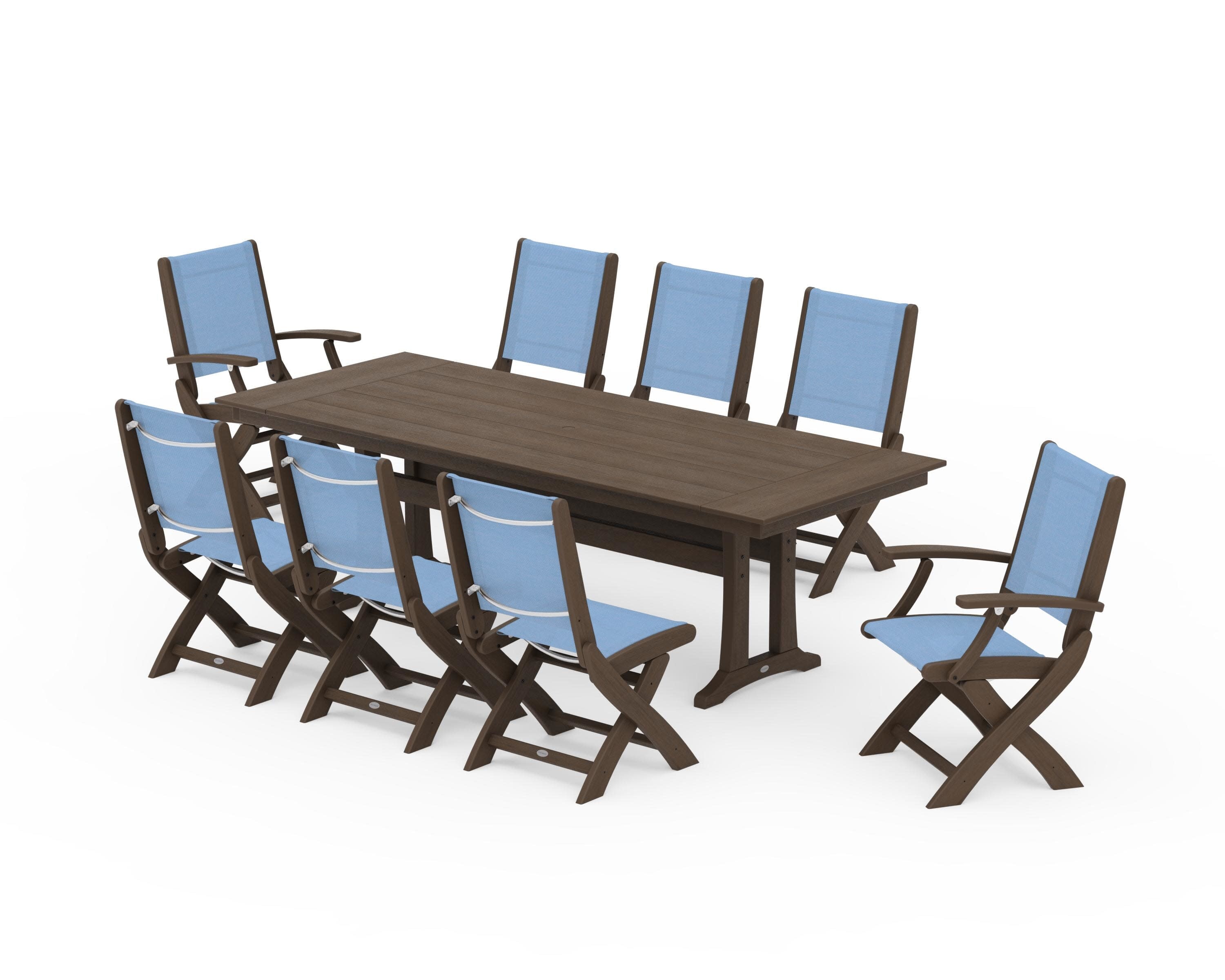 Coastal 9-Piece Folding Dining Chair Farmhouse Dining Set with Trestle Legs in Kona / Poolside Sling