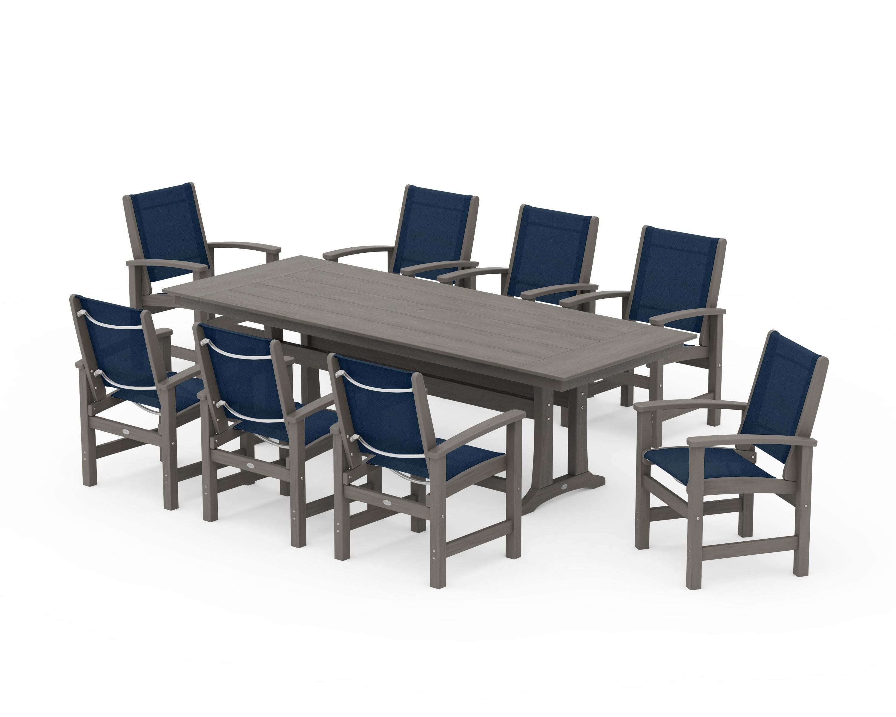 Coastal 9-Piece Farmhouse Dining Set with Trestle Legs in Driftwood / Navy Blue Sling