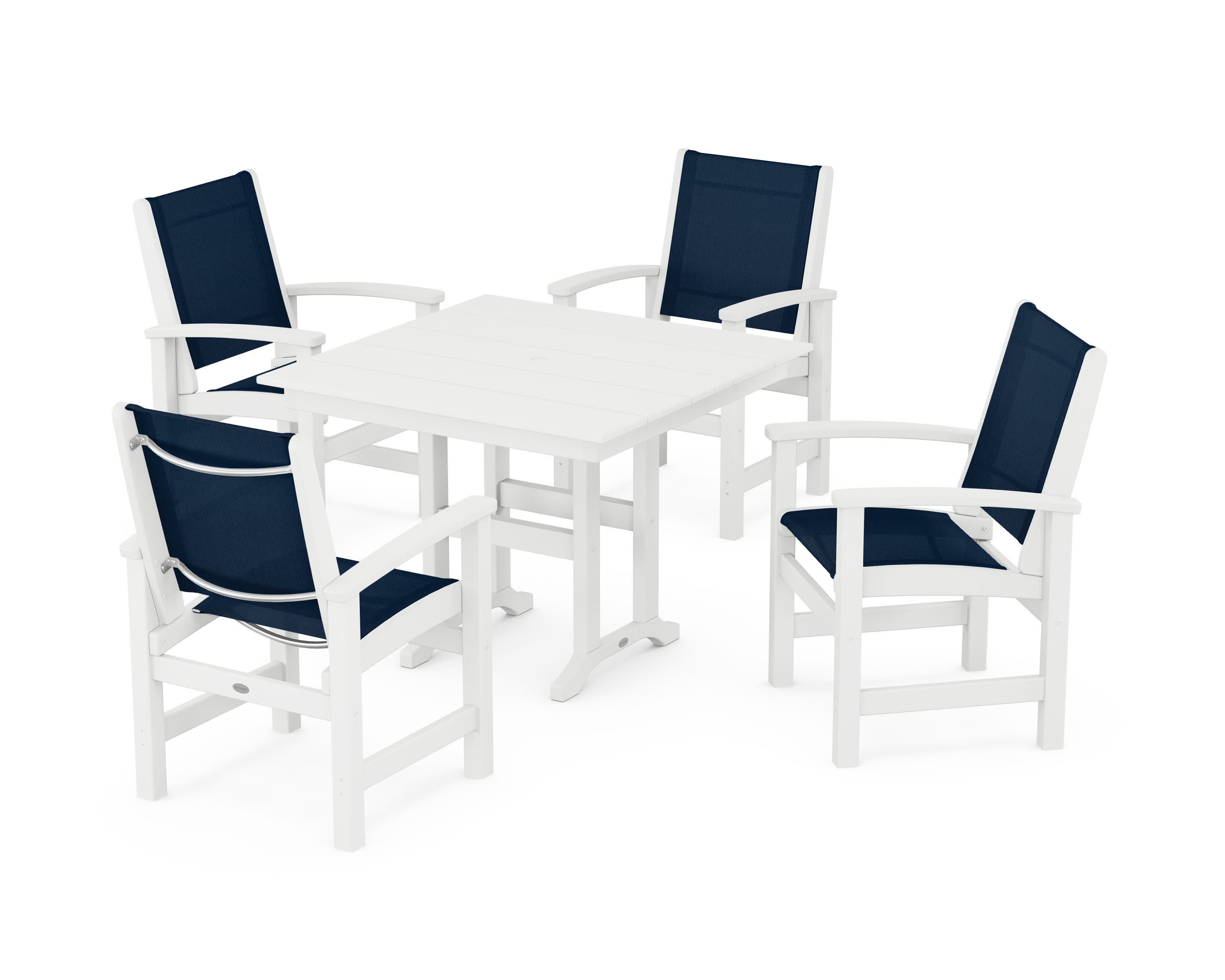 Coastal 5-Piece Farmhouse Dining Set in White / Navy Blue Sling