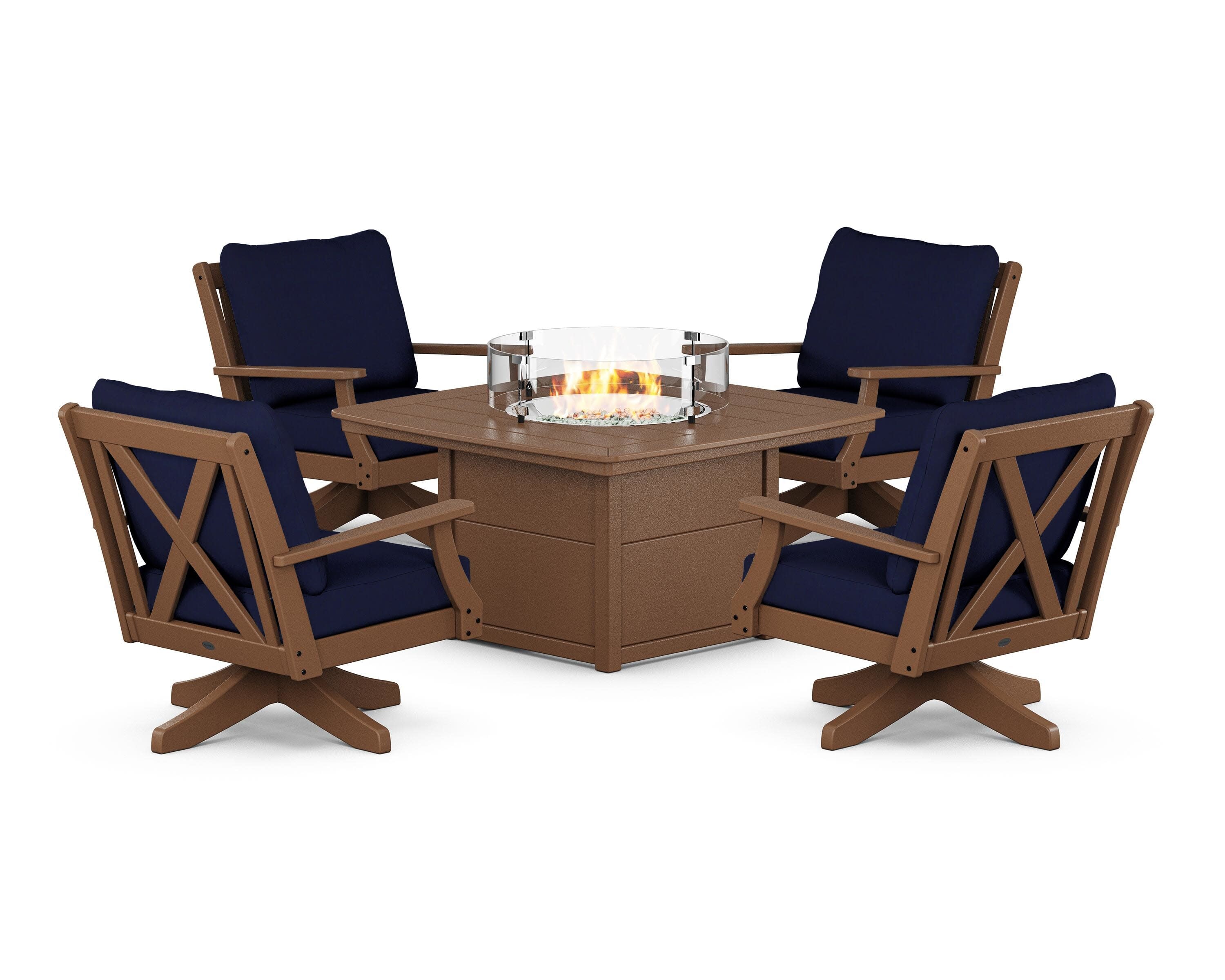 Braxton 5-Piece Deep Seating Swivel Conversation Set with Fire Pit Table in Teak / Navy