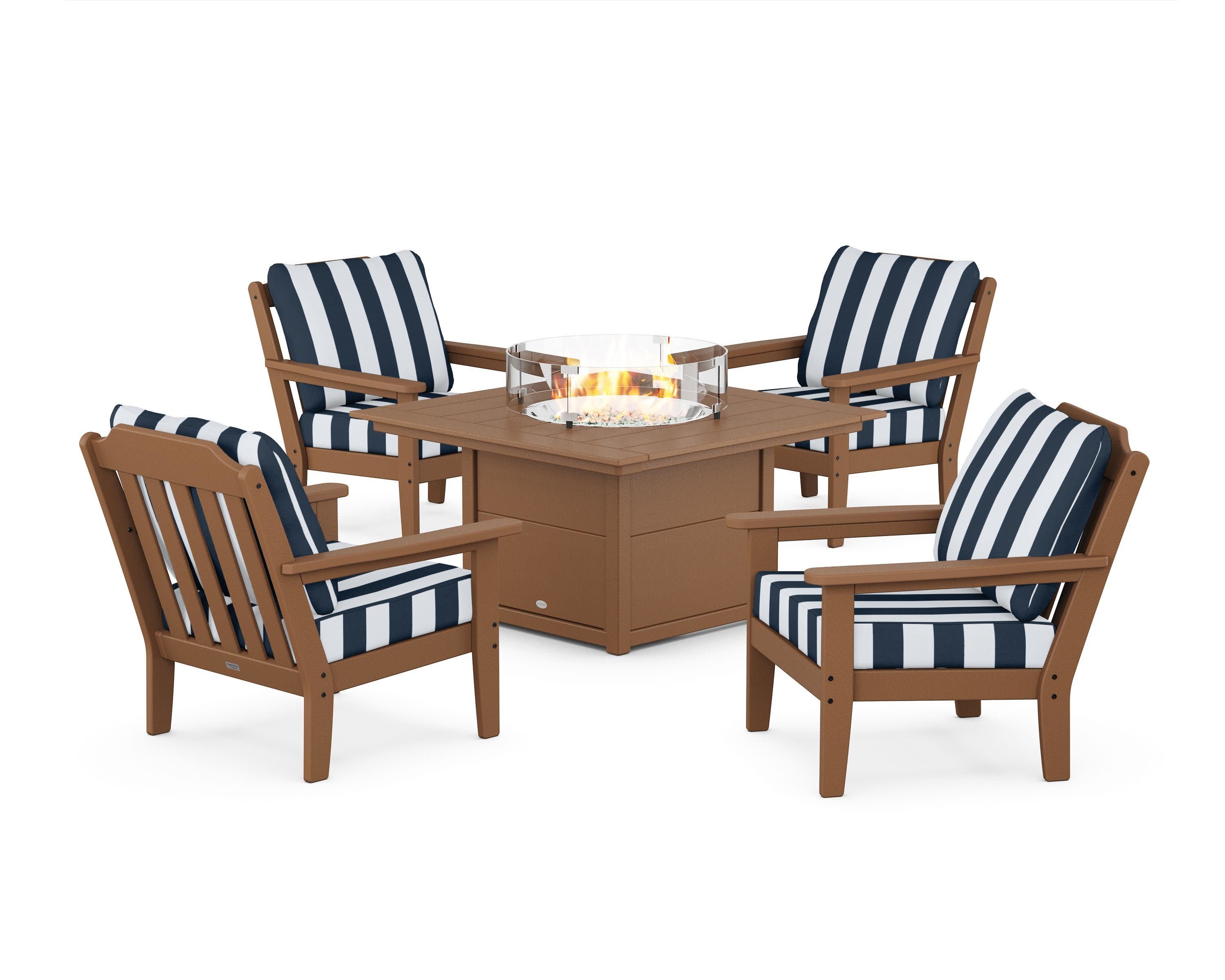 Cottage 5-Piece Deep Seating Set with Fire Pit Table in Teak / Cabana Stripe Marine Indigo