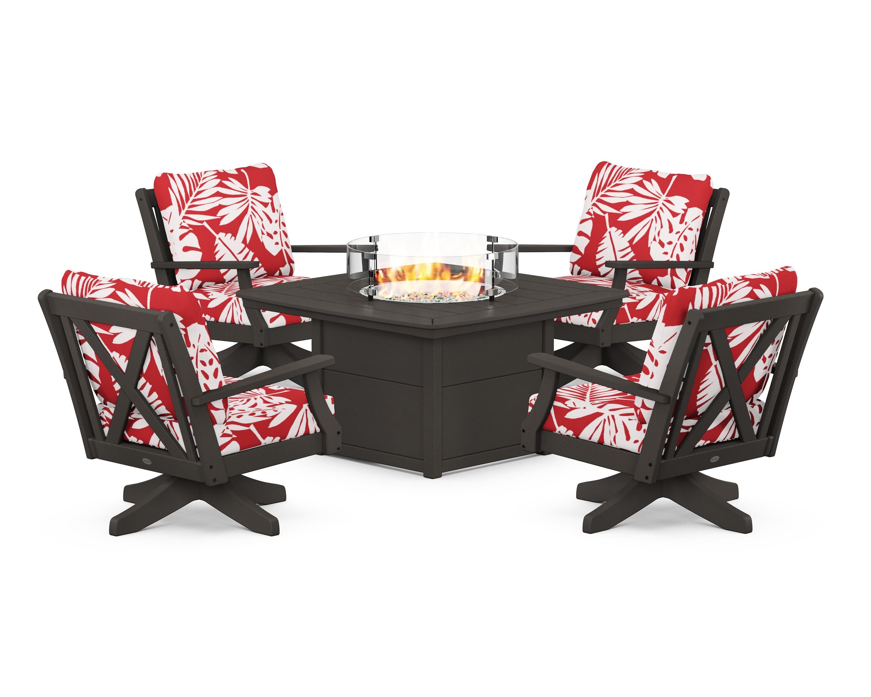 Braxton 5-Piece Deep Seating Swivel Conversation Set with Fire Pit Table in Vintage Coffee / Leaf Crimson
