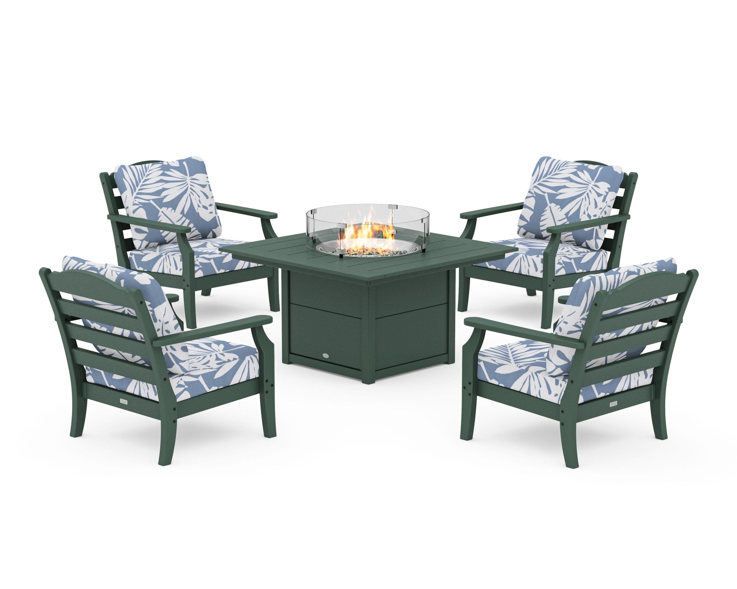 Savannah 5-Piece Deep Seating Set with Fire Pit Table in Green / Leaf Sky Blue
