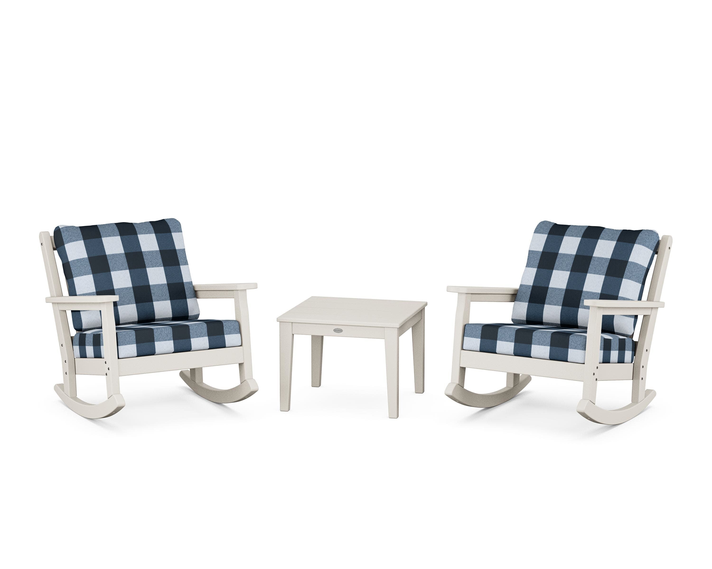 Chippendale 3-Piece Deep Seating Rocker Set in Sand / Buffalo Plaid Marine Indigo