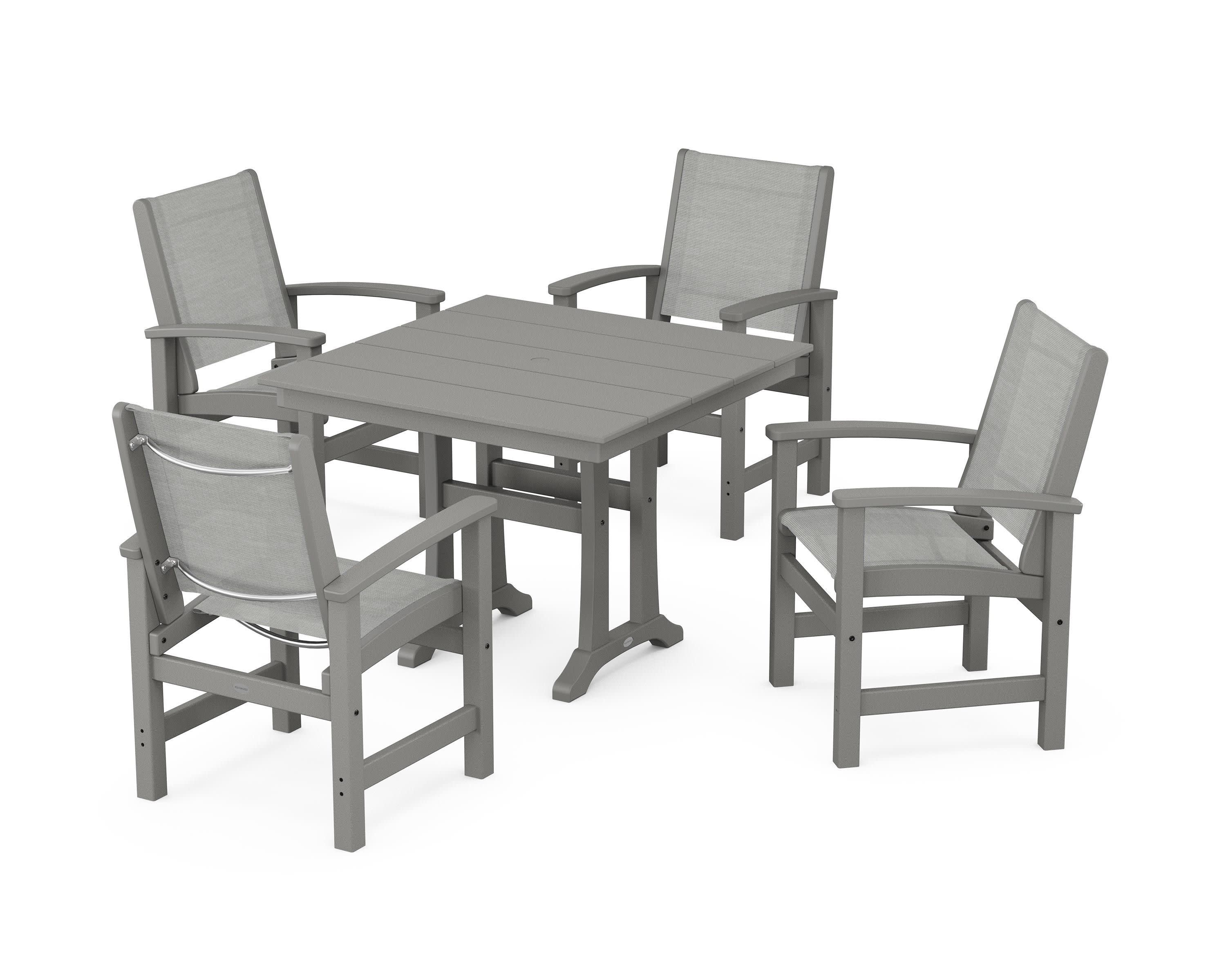 Coastal 5-Piece Farmhouse Dining Set With Trestle Legs in Slate Grey / Metallic Sling
