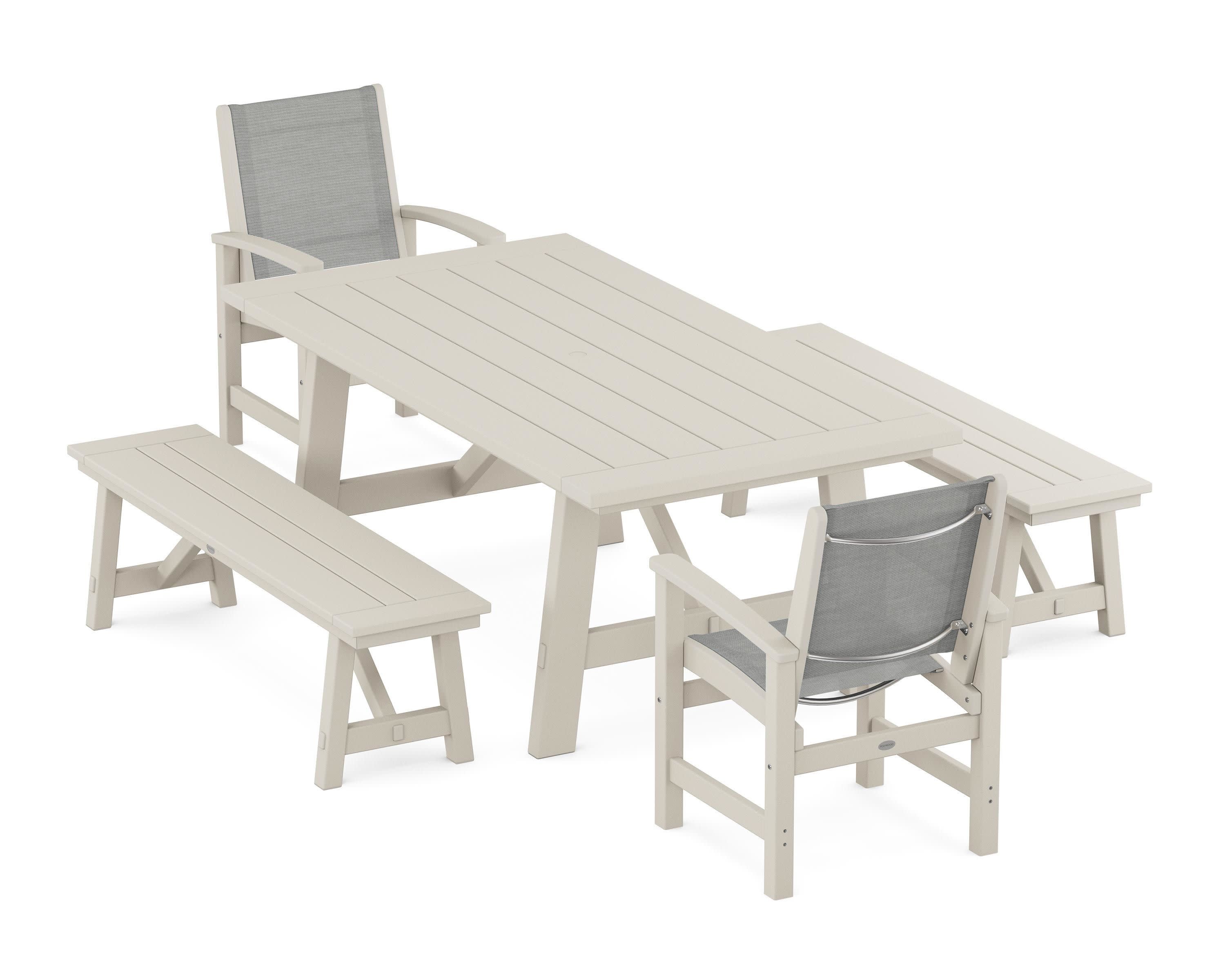 Coastal 5-Piece Rustic Farmhouse Dining Set With Benches in Sand / Metallic Sling