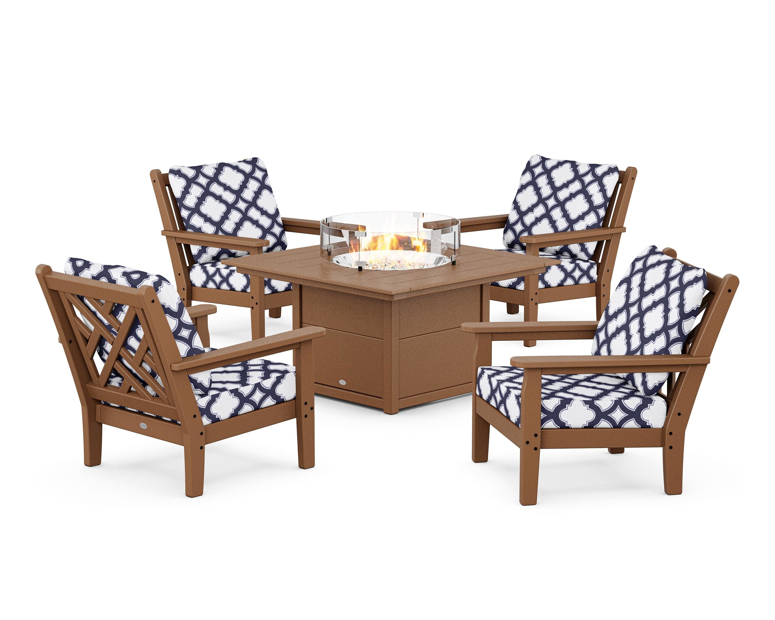 Chippendale 5-Piece Deep Seating Set with Fire Pit Table in Teak / Trellis Navy