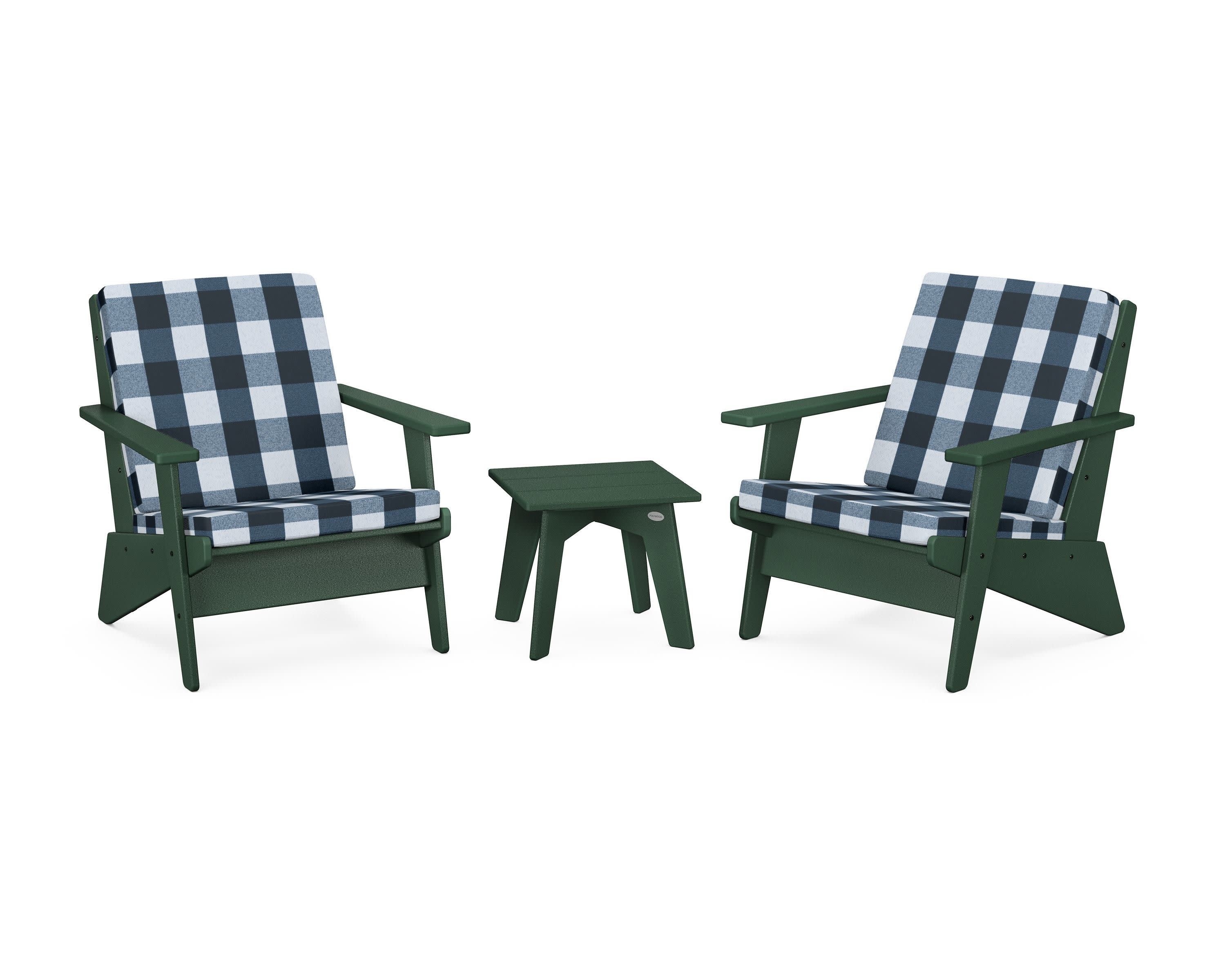 Riviera Modern Lounge 3-Piece Set in Green / Buffalo Plaid Marine Indigo
