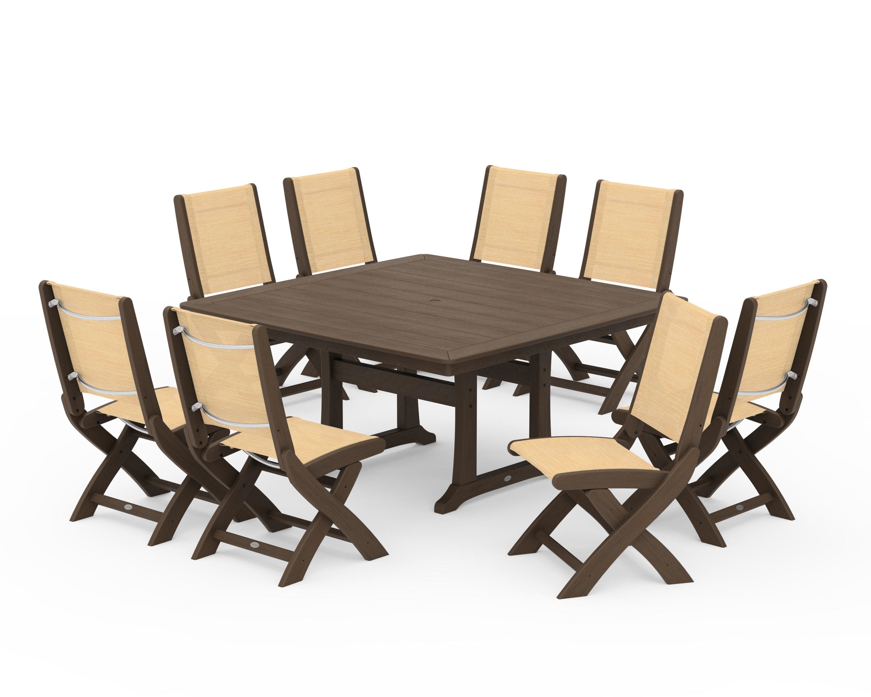 Coastal Folding Side Chair 9-Piece Dining Set with Trestle Legs in Kona / Dupioni Apricot Sling