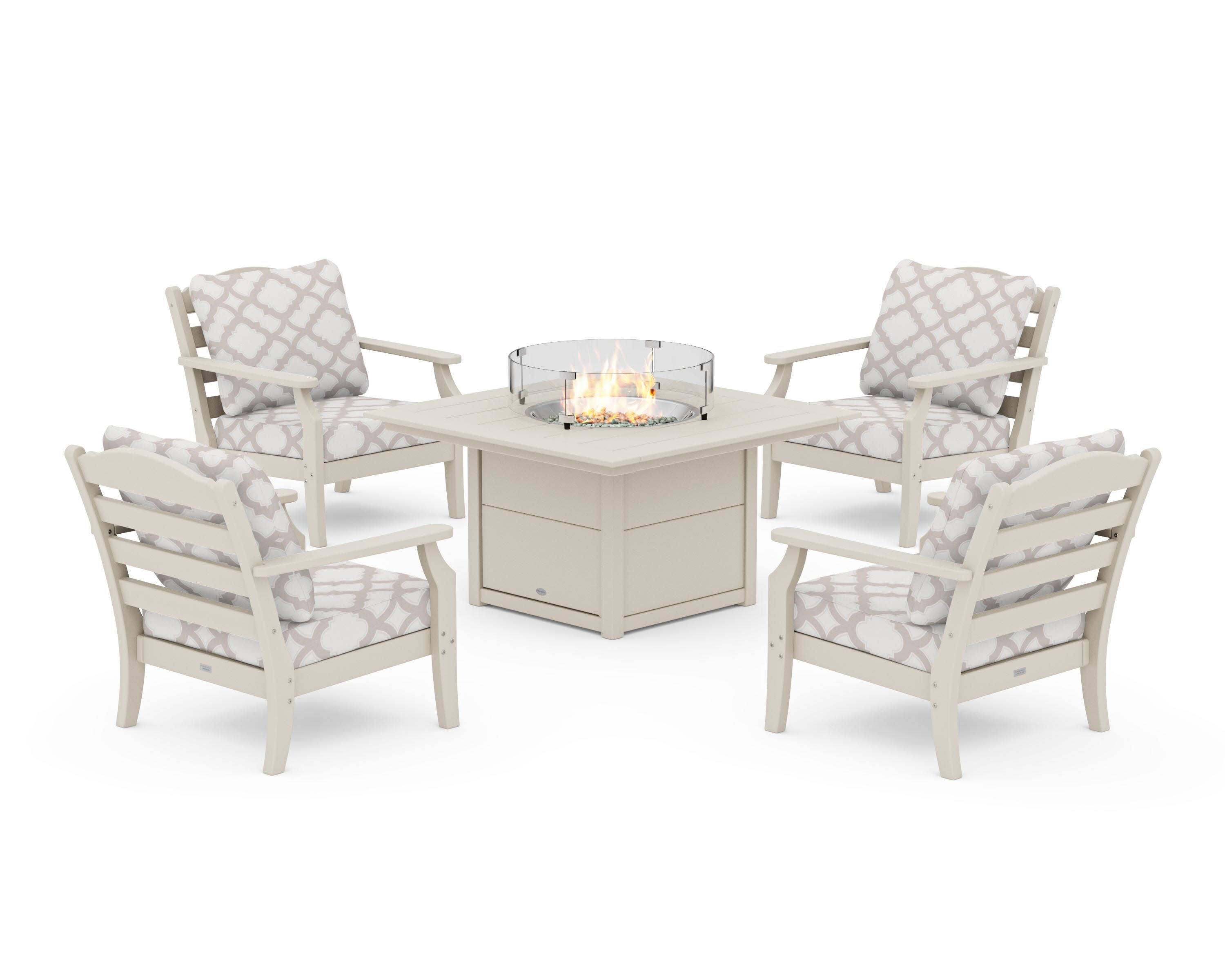 Savannah 5-Piece Deep Seating Set with Fire Pit Table in Sand / Trellis Dune Burlap
