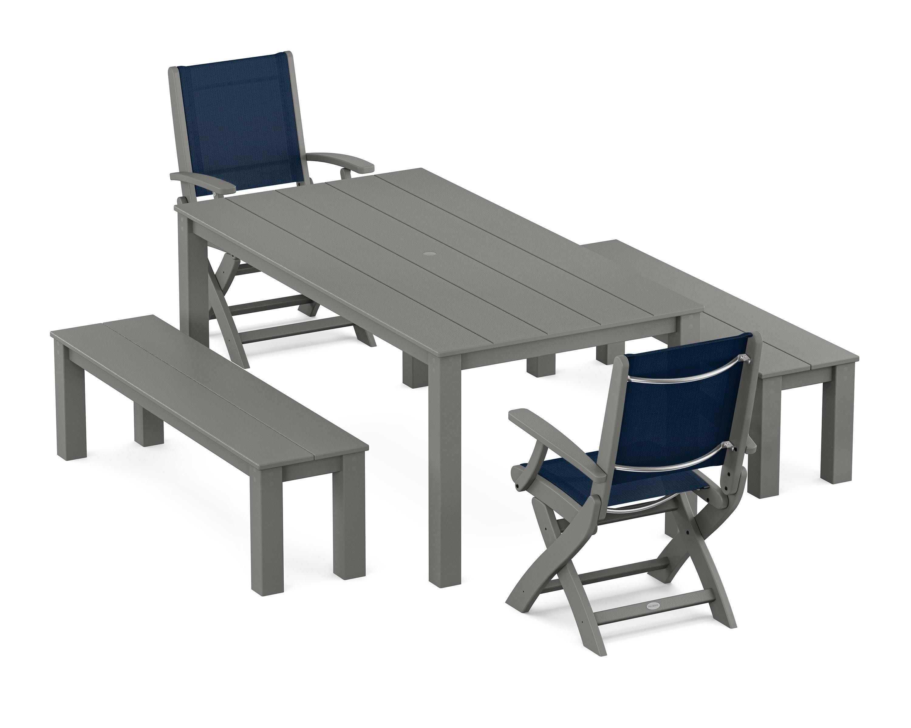 Coastal Folding Chair 5-Piece Parsons Dining Set with Benches in Slate Grey / Navy Blue Sling