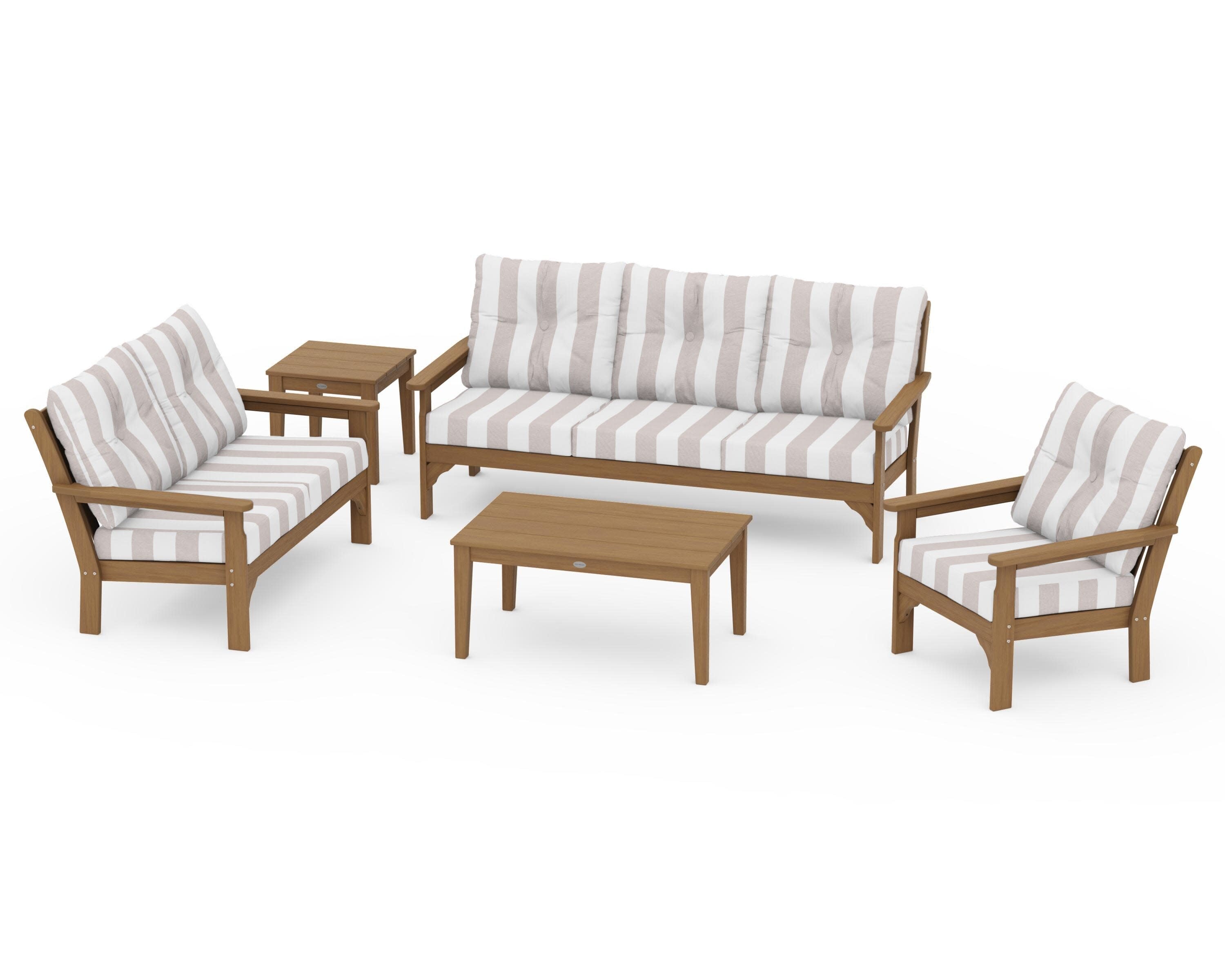 Vineyard 5 Piece Deep Seating Set in Natural / Cabana Stripe Dune Burlap