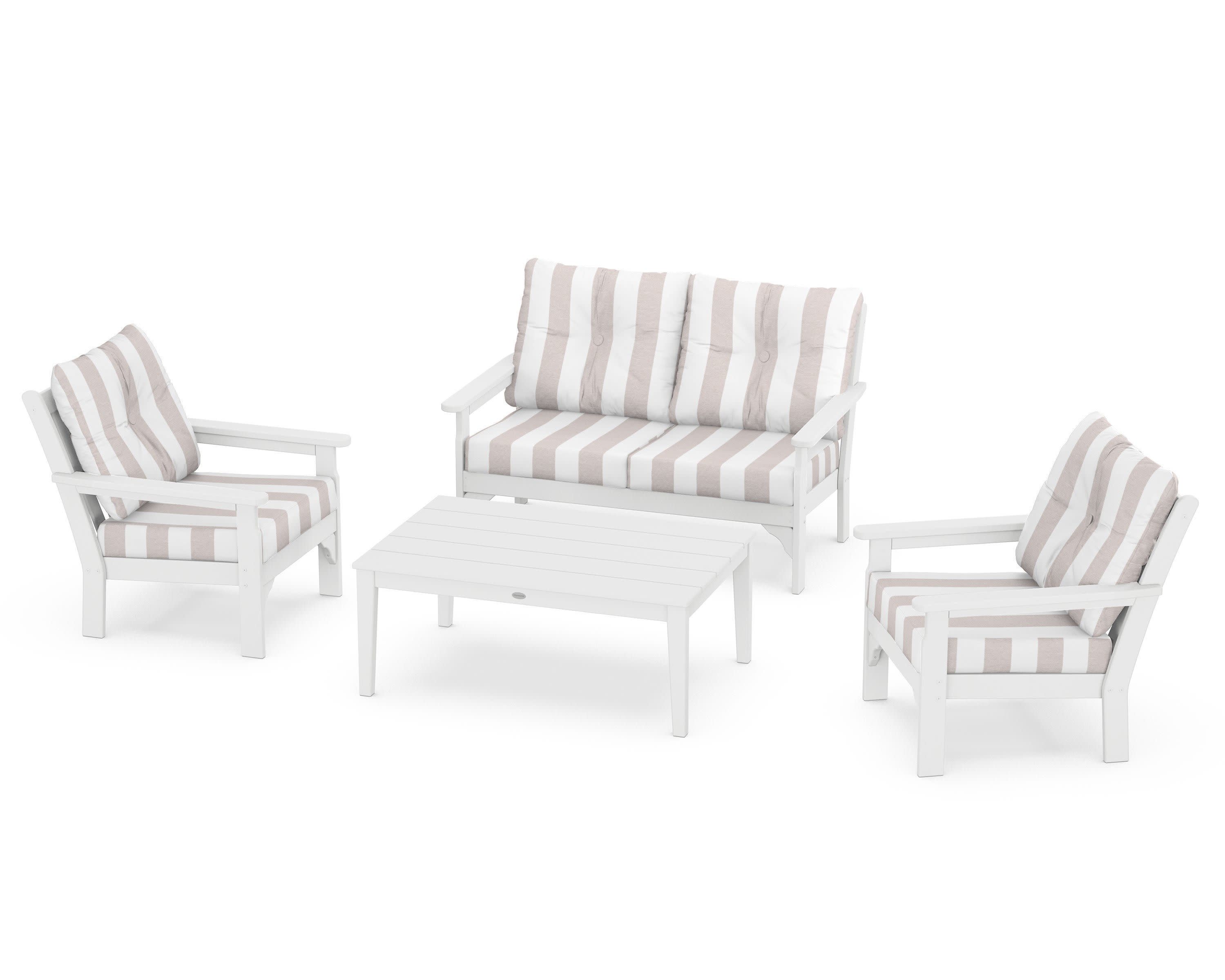 Vineyard 4-Piece Deep Seating Set in White / Cabana Stripe Dune Burlap