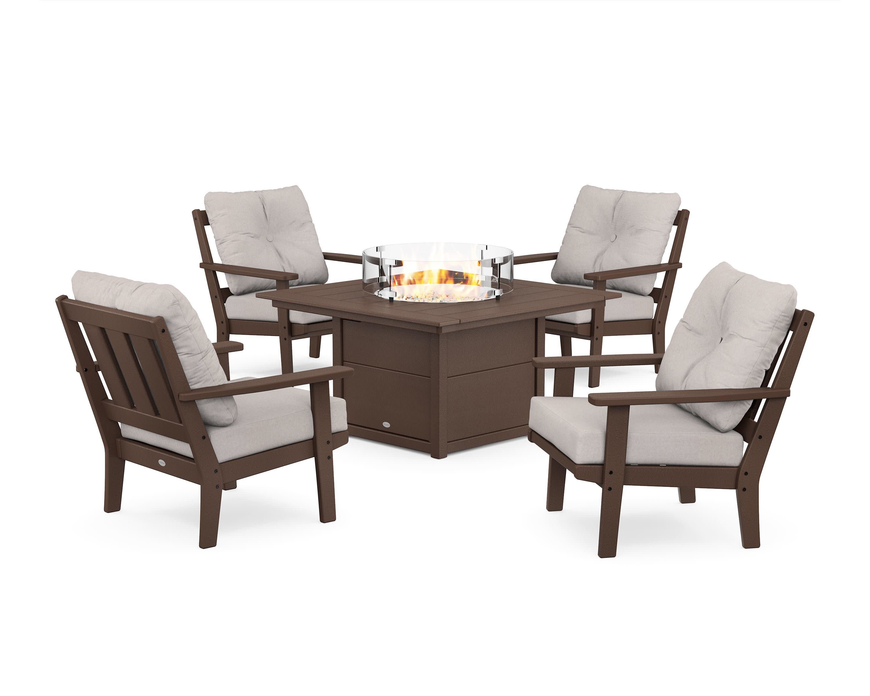 Oxford 5-Piece Deep Seating Set with Fire Pit Table in Mahogany / Dune Burlap