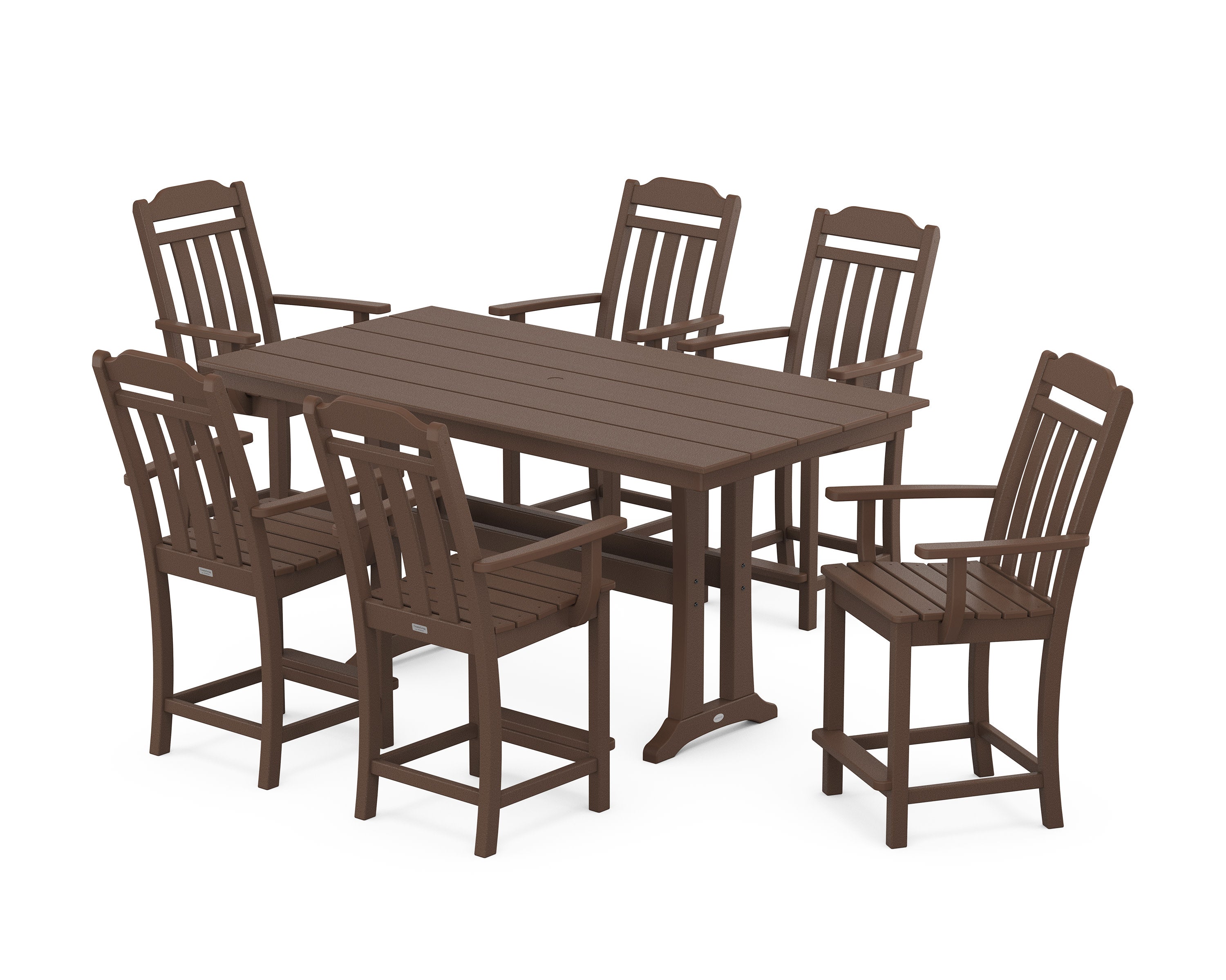Cottage Arm Chair 7-Piece Farmhouse Counter Set with Trestle Legs in Mahogany