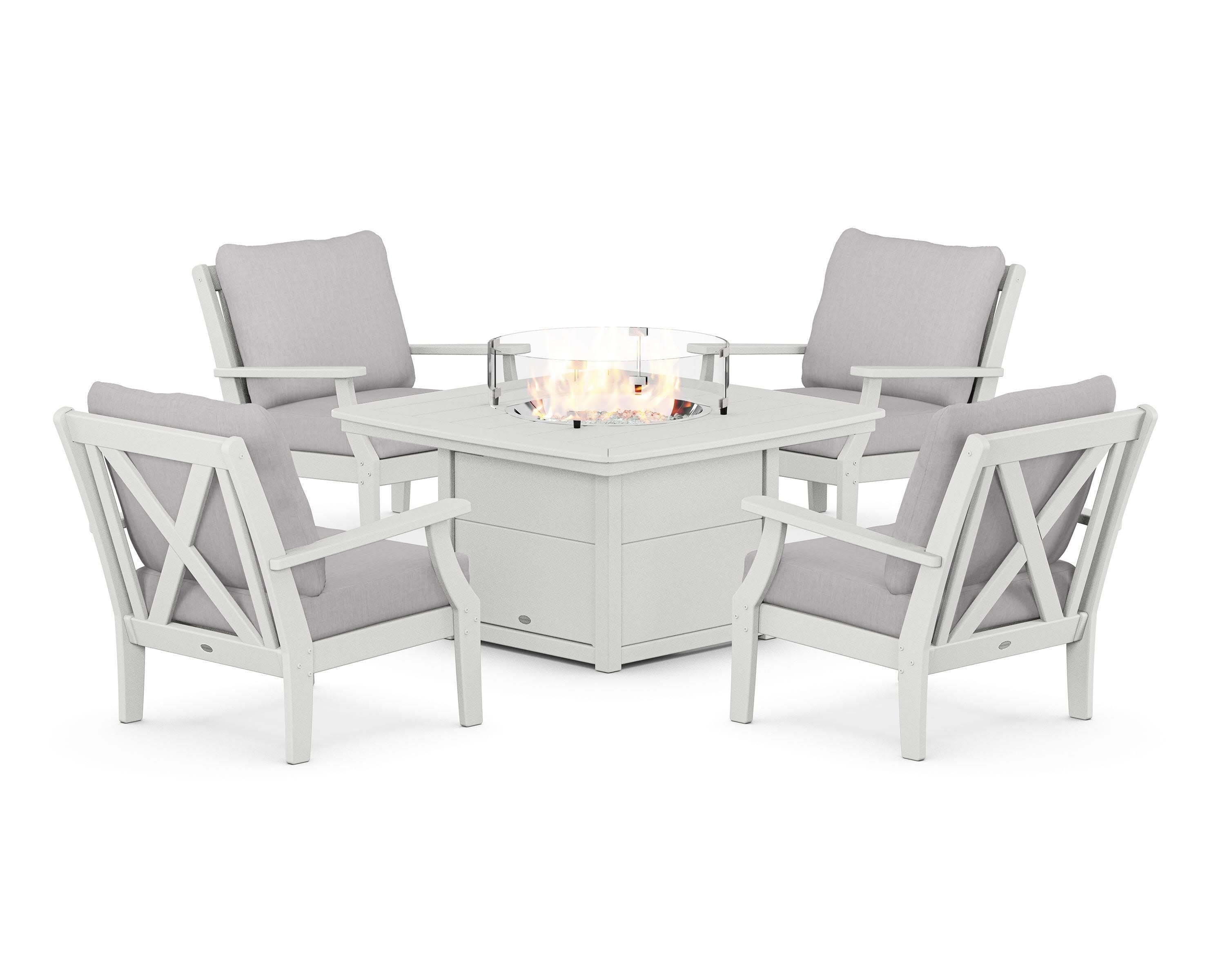 Braxton 5-Piece Deep Seating Conversation Set with Fire Pit Table in White / Granite